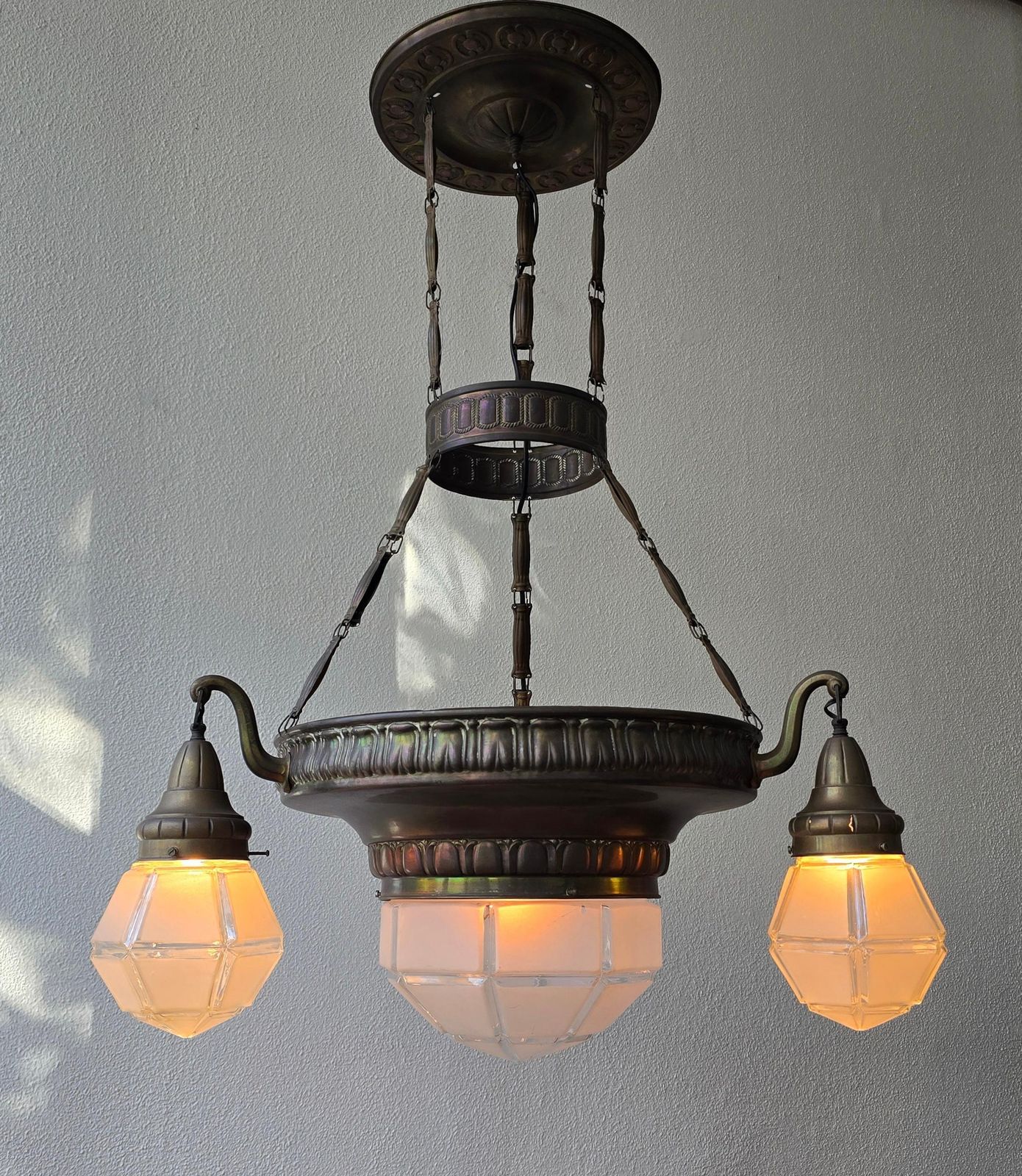 Large French Art Deco Brass Chandelier With Frosted Geometric Glass Shades photo 3042.0