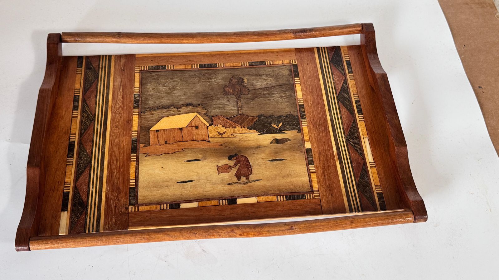 950s French Wooden Marquetry Tray – Traditional Craftwork With Winter Scene photo 478.0