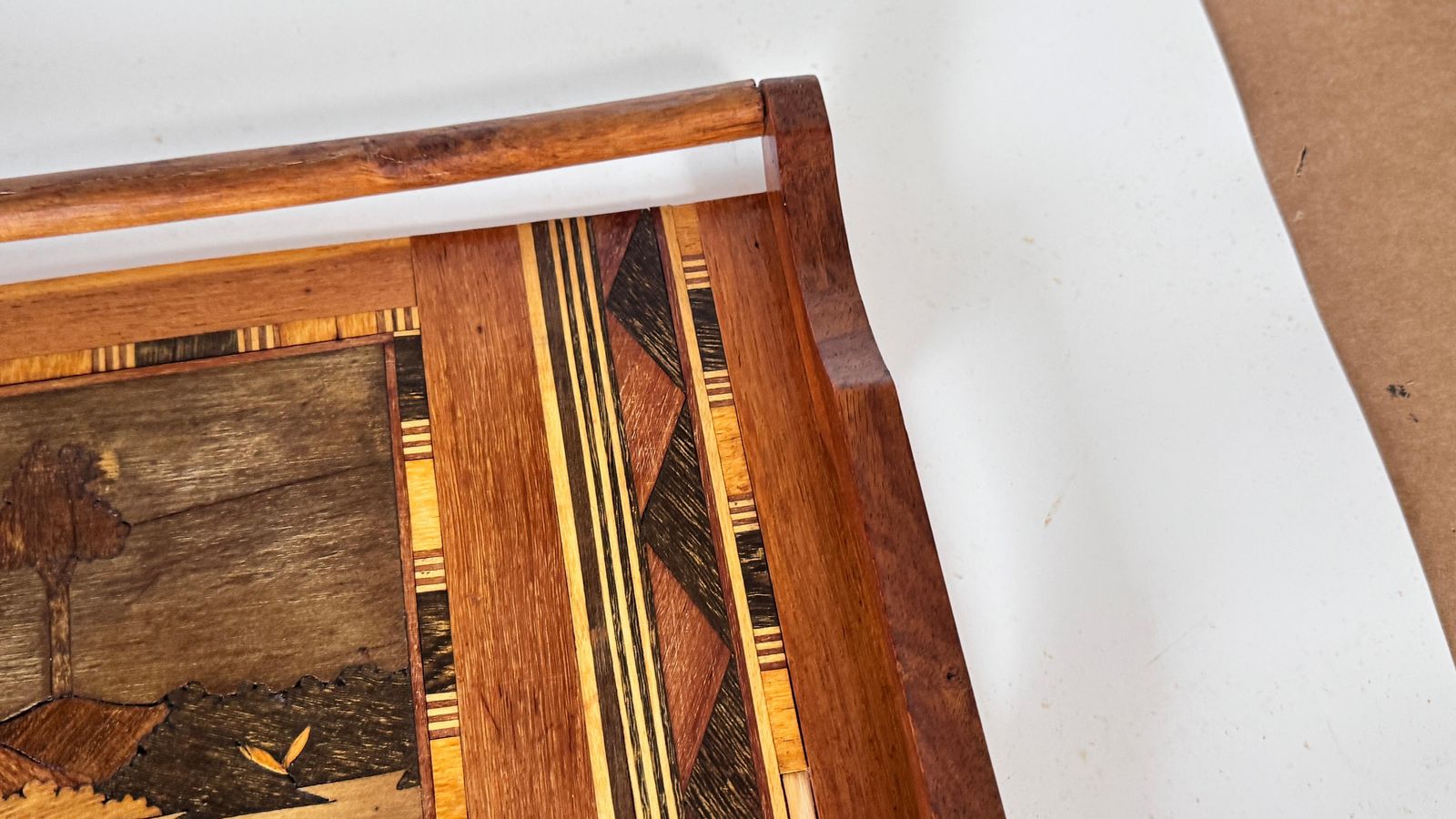 950s French Wooden Marquetry Tray – Traditional Craftwork With Winter Scene photo buy