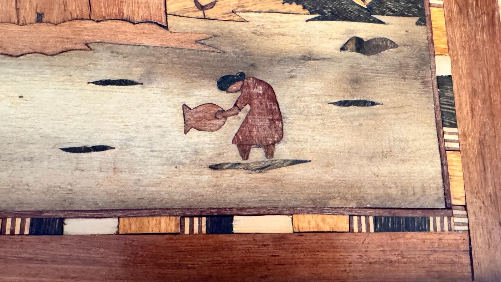 Home Decor 950s French Wooden Marquetry Tray – Traditional Craftwork With Winter Scene photo