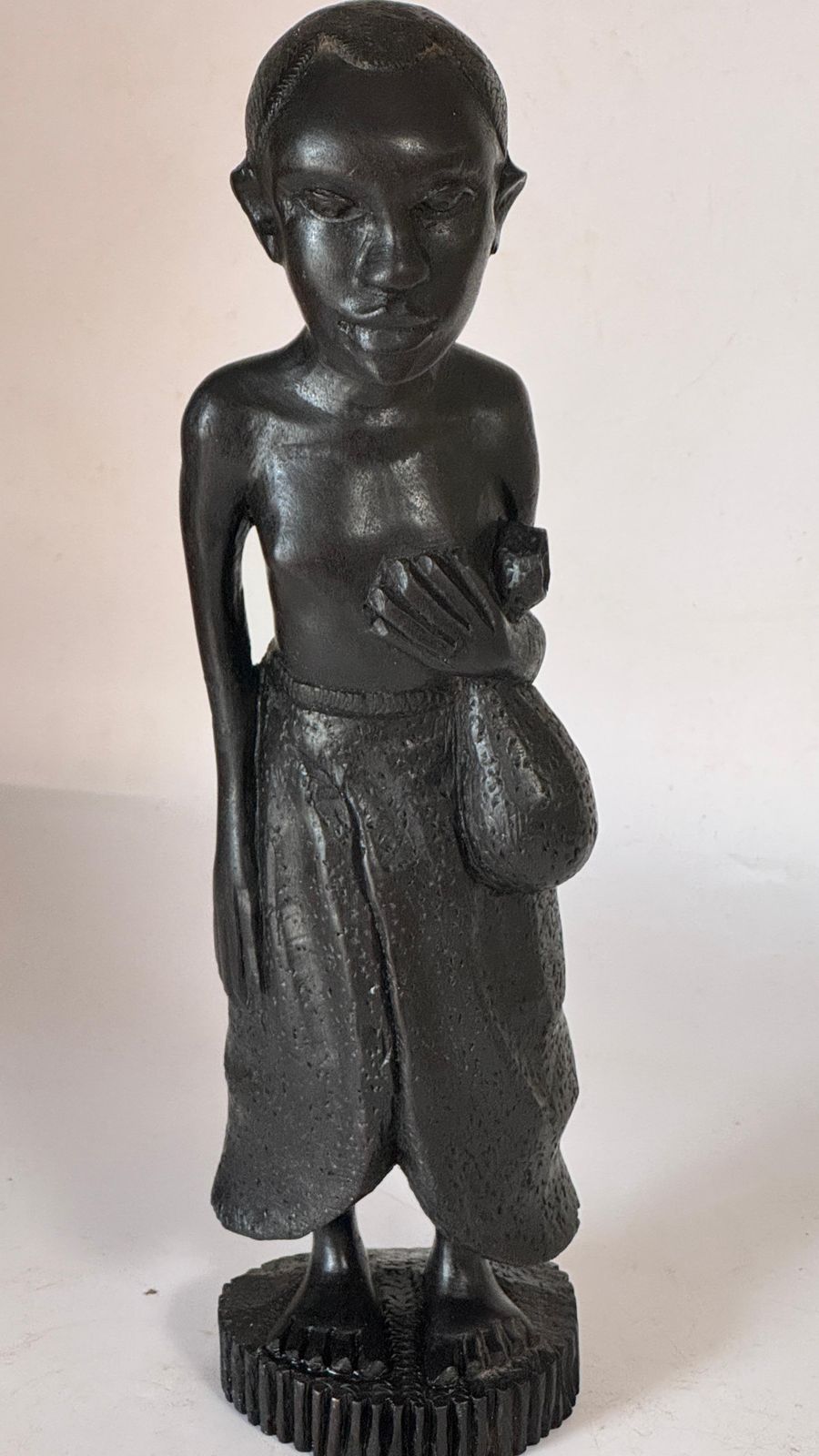 1950s French Wooden Female Sculpture – Expressive Carved Figure With Draped Skir photo Art