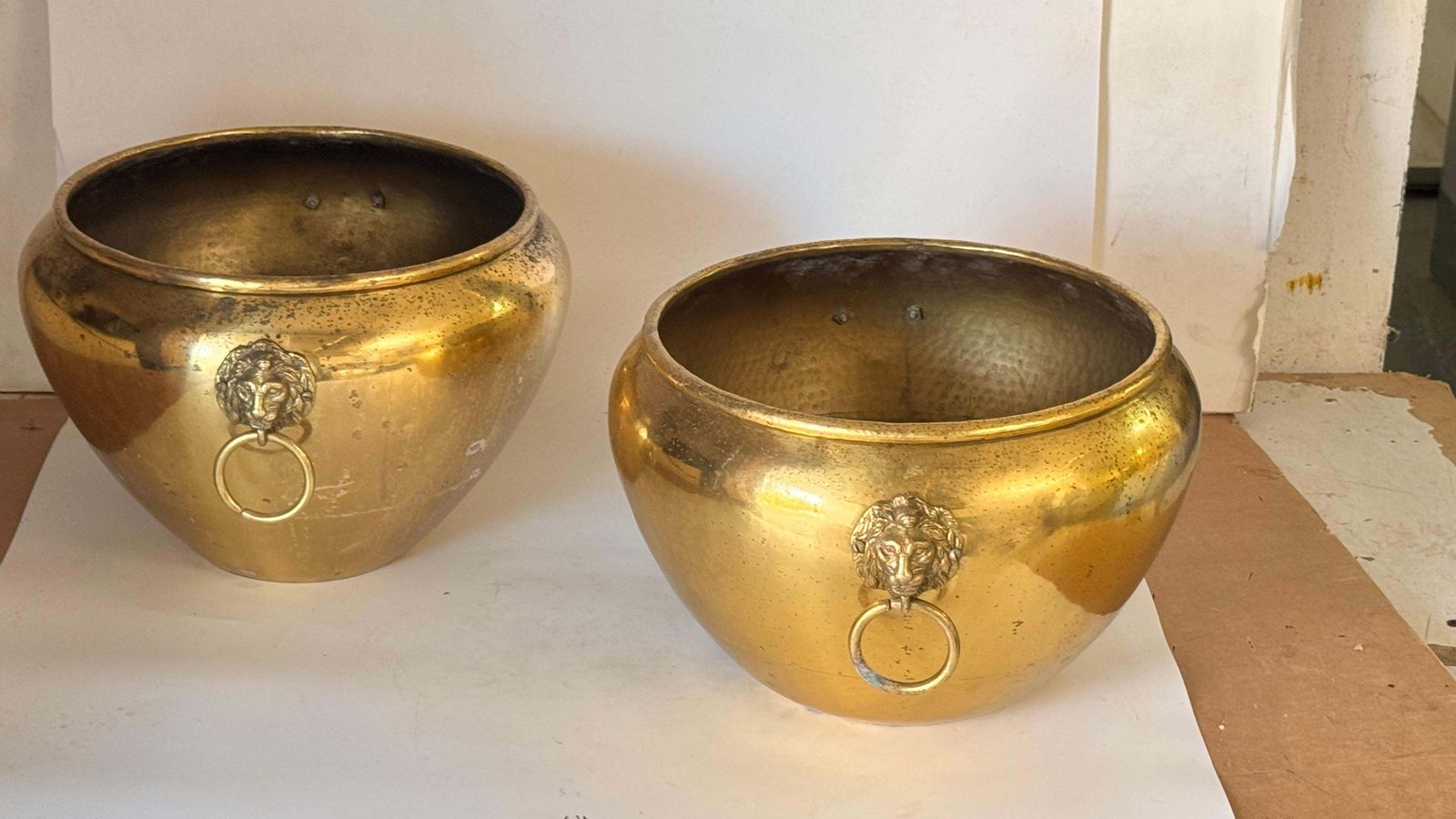 Pair Of 1950s French Brass Cache Pots – Lion Head Ornaments & Ring Handles photo furniture