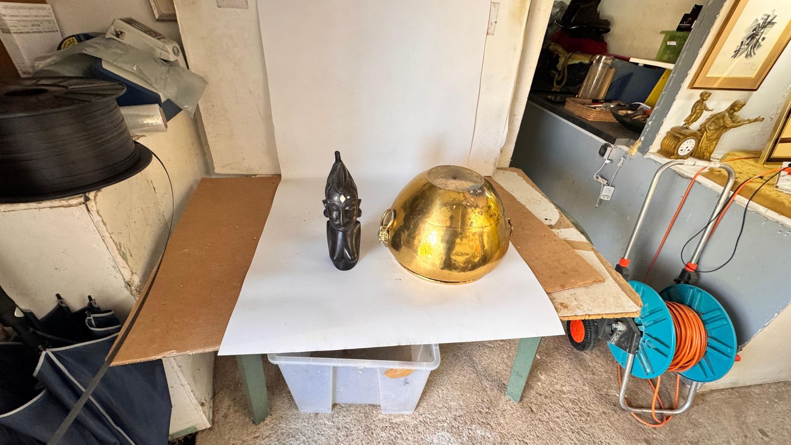 photo for sale Pair Of 1950s French Brass Cache Pots – Lion Head Ornaments & Ring Handles