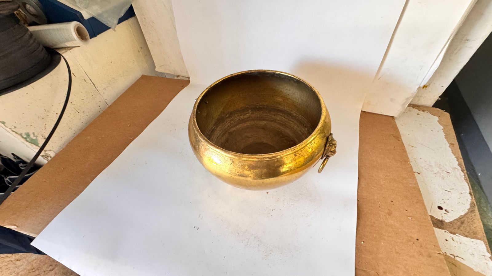 photo buy Pair Of 1950s French Brass Cache Pots – Lion Head Ornaments & Ring Handles