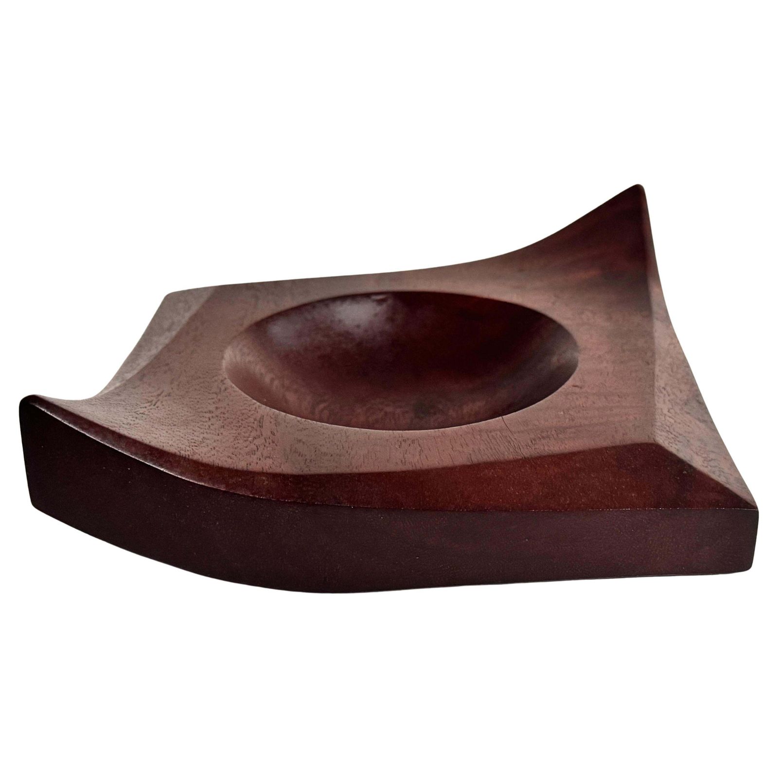 1960s French Sculptural Ceramic Ashtray – Faceted Leaf Form Design, Brown Glaze