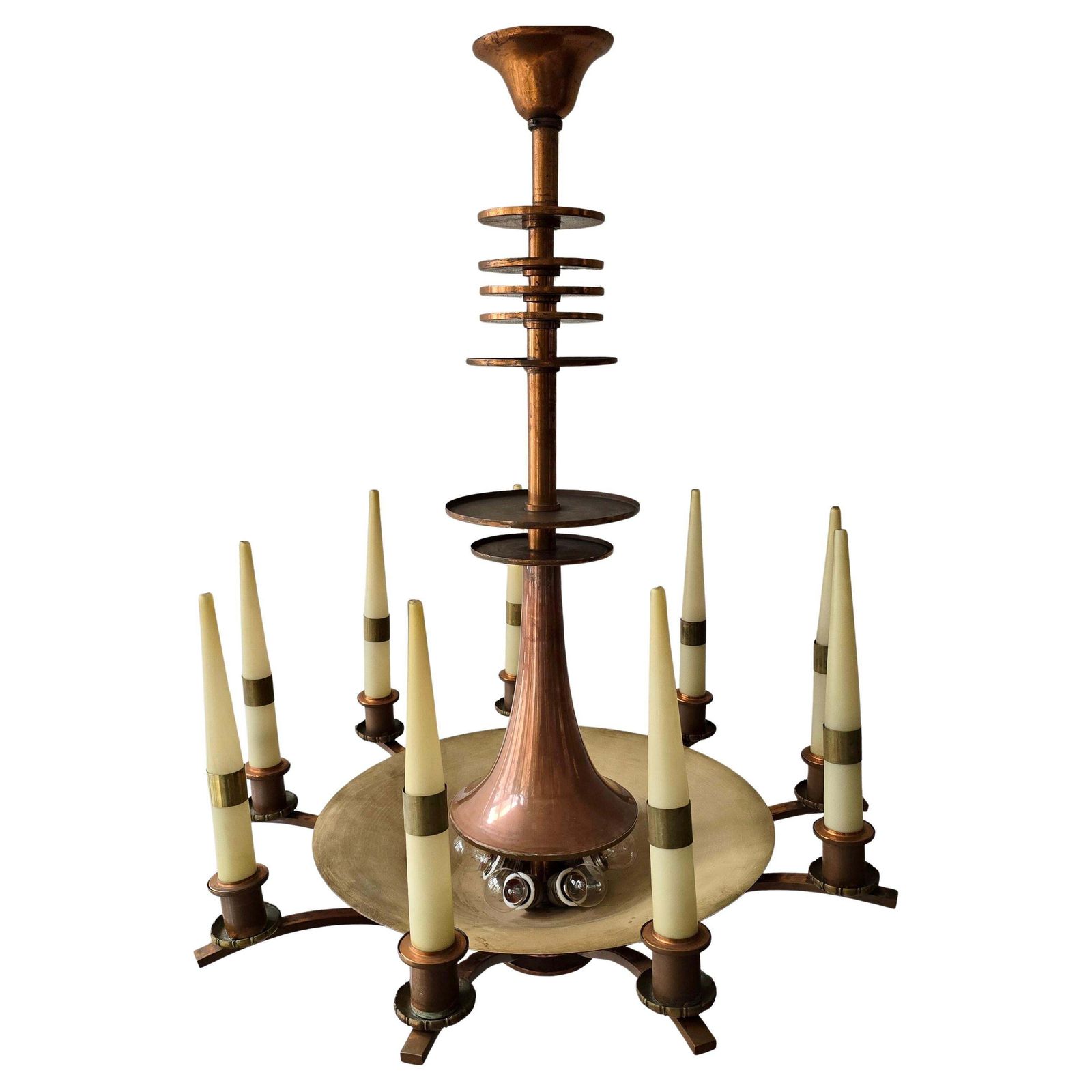 Spectacular Italian Art Deco Copper Chandelier With Eight Opaline Glass Candles photo Lighting