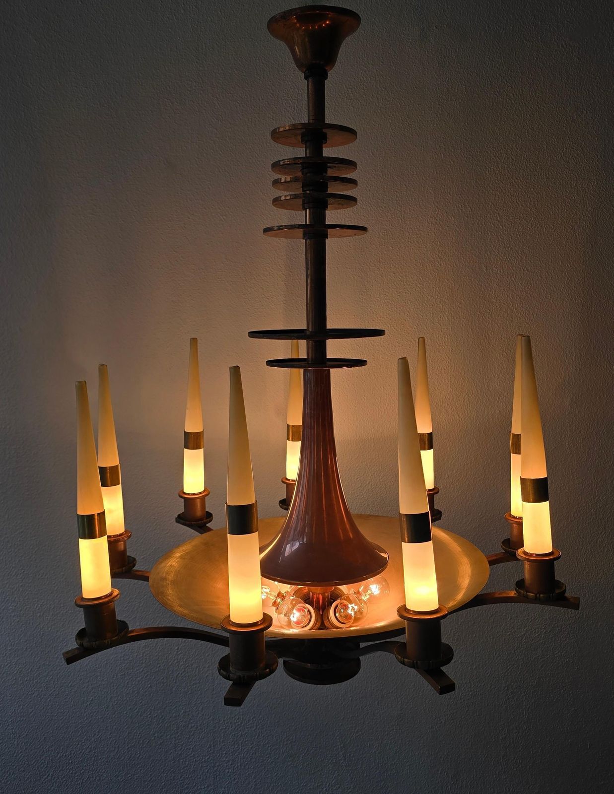 Spectacular Italian Art Deco Copper Chandelier With Eight Opaline Glass Candles photo 13594.0