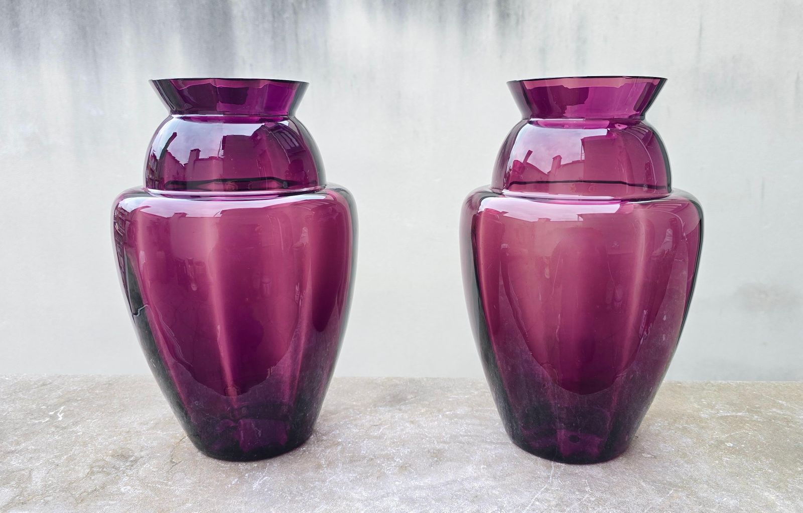 Elegant Pair Of Deep Amethyst Murano Glass Vases, Hand Blown In Italy, 1970s photo for sale