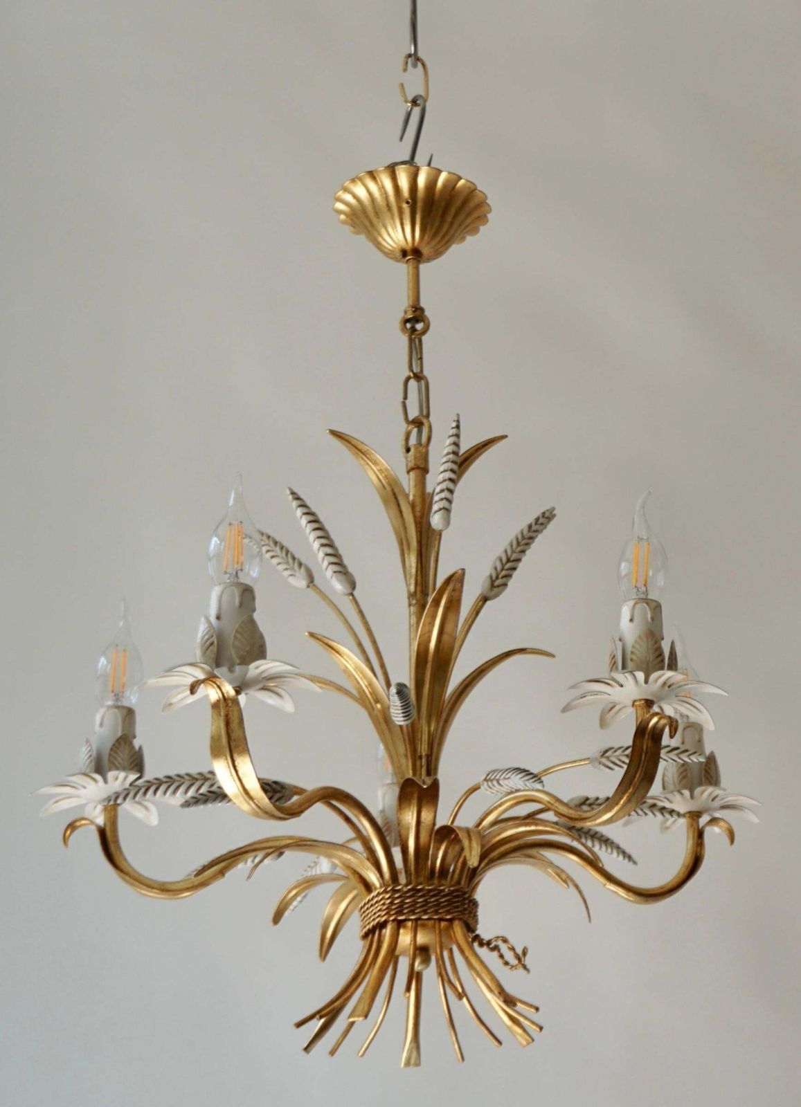 Gilt Italian Floral Sheaf Of Wheat Five Light Chandeliers Coco Chanel photo for sale