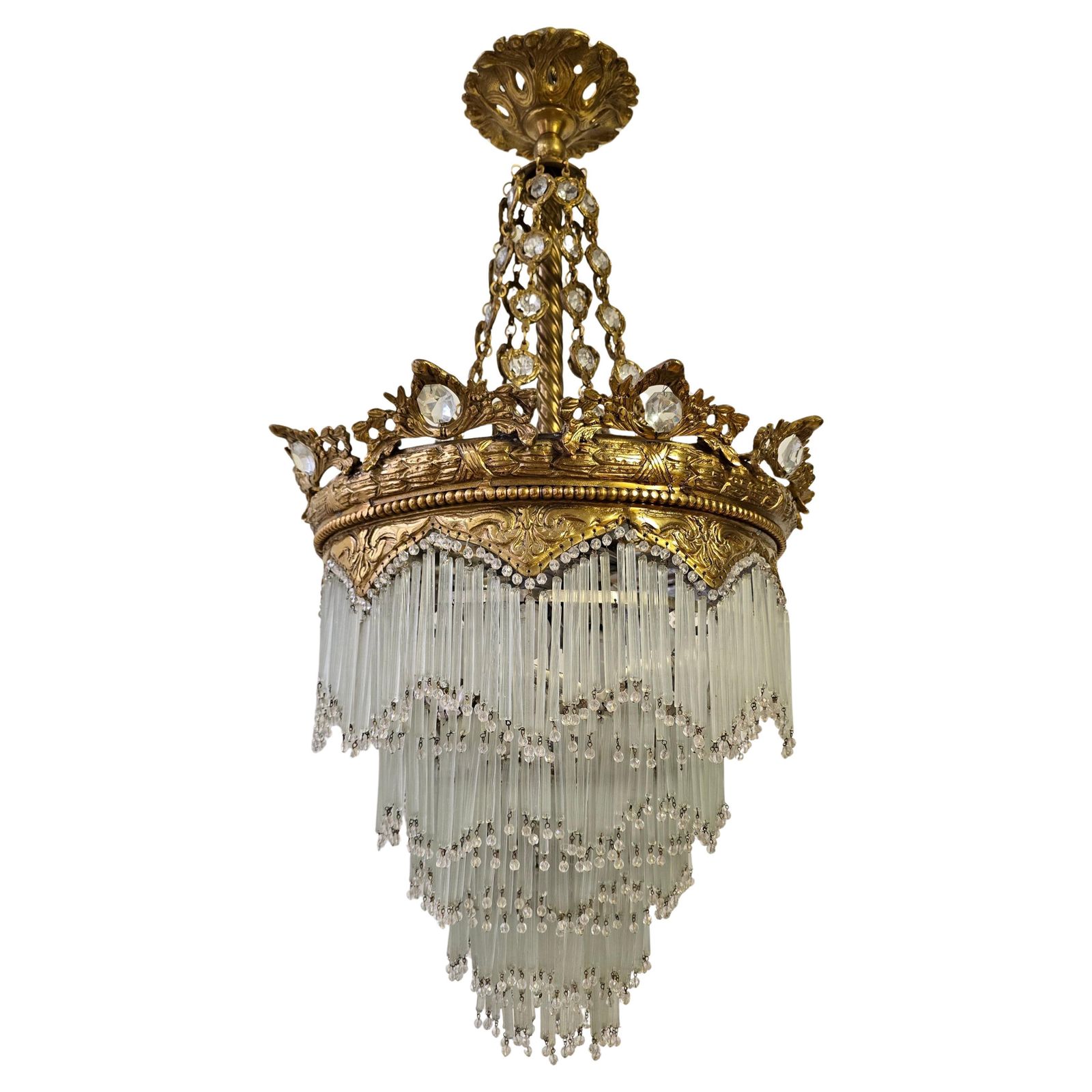 Grand Belle époque Crown Chandelier With Opaline Glass Fringe, Continental photo Lighting