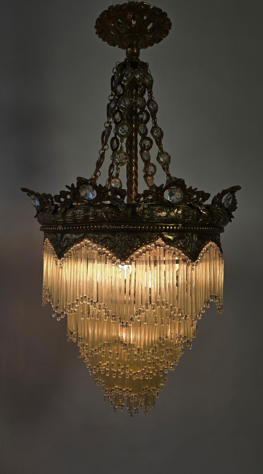 Grand Belle époque Crown Chandelier With Opaline Glass Fringe, Continental photo vintage