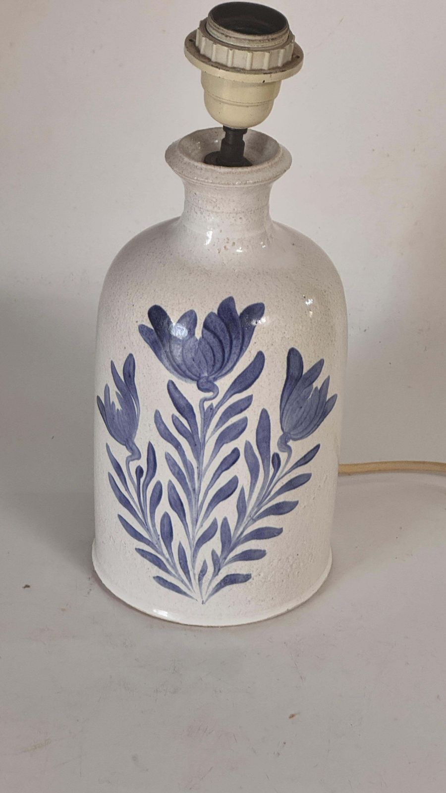 1970s Biot Ceramic Table Lamp – White And Blue Floral Design, French Provincial photo Lighting