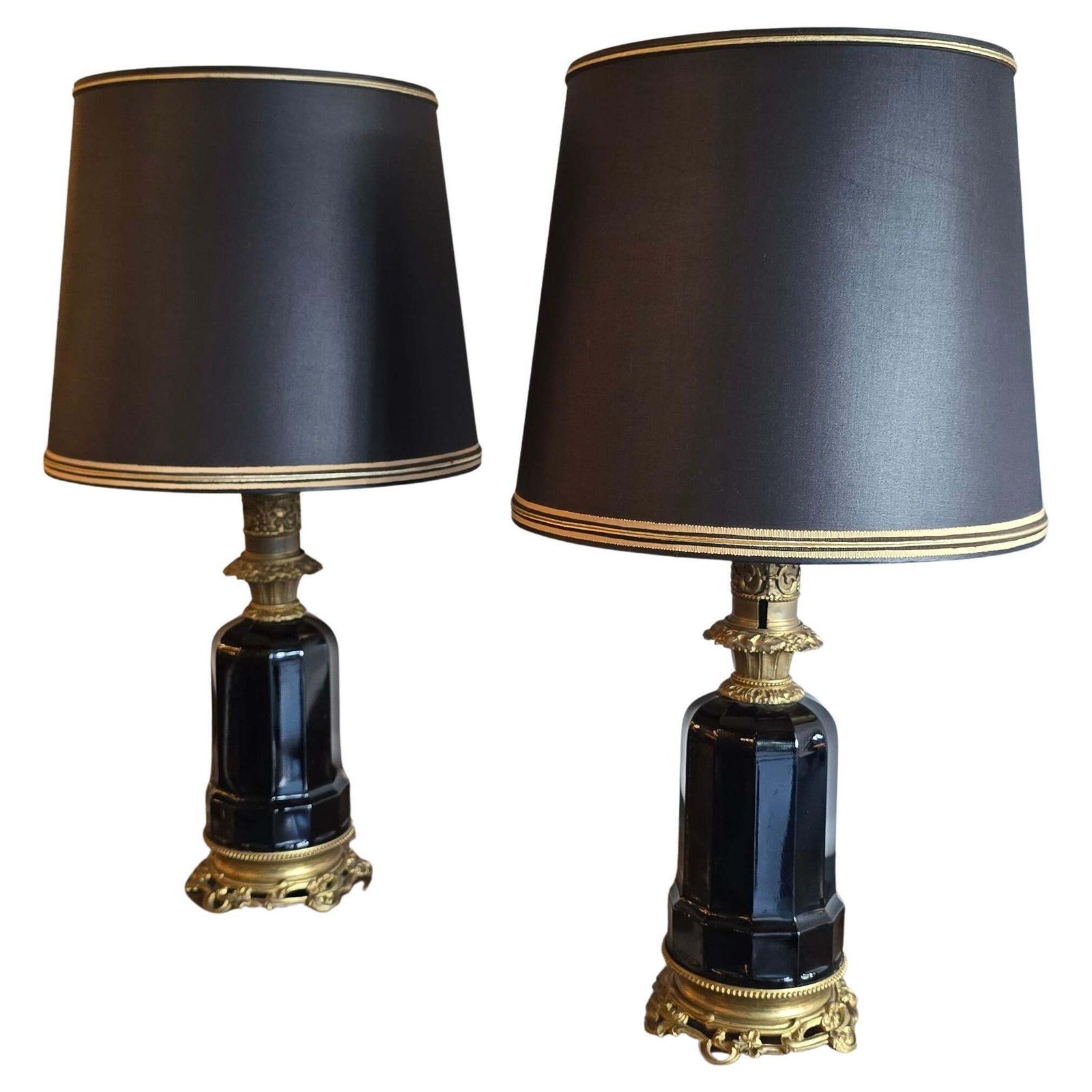 Pair Of French Black Opaline And Gilt Bronze Table Lamps, Circa 1870 photo for sale
