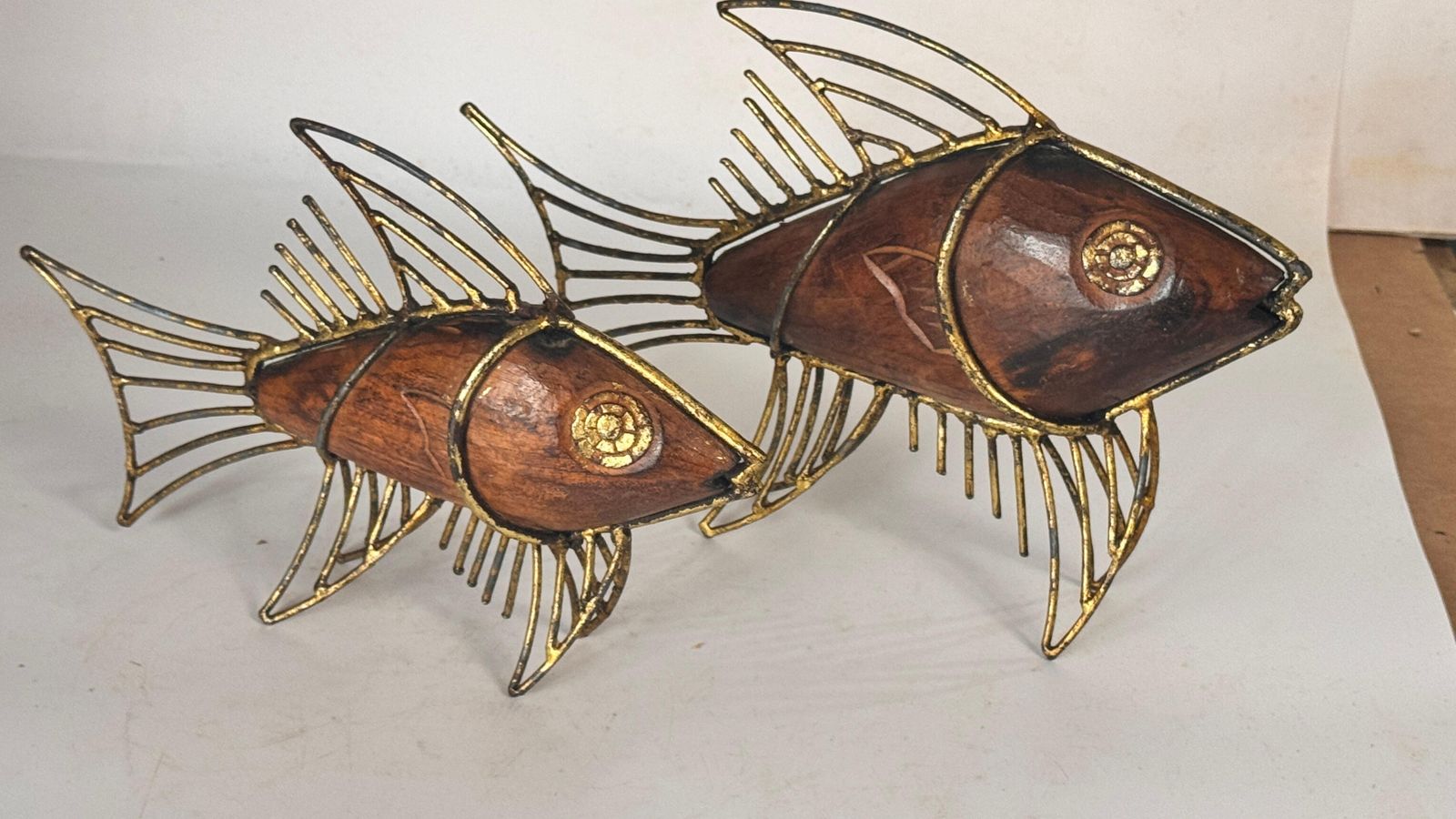 Pair Of 1970s French Fish Sculptures – Wood And Gilded Metal Mid Century Decor photo furniture