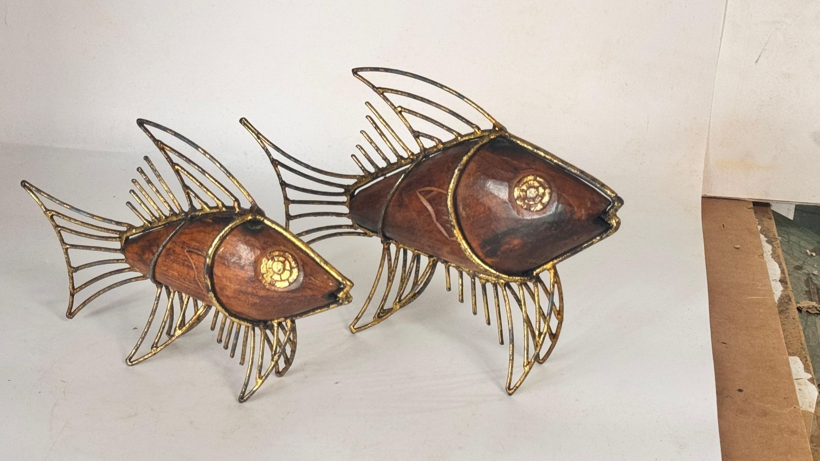 Pair Of 1970s French Fish Sculptures – Wood And Gilded Metal Mid Century Decor photo Art