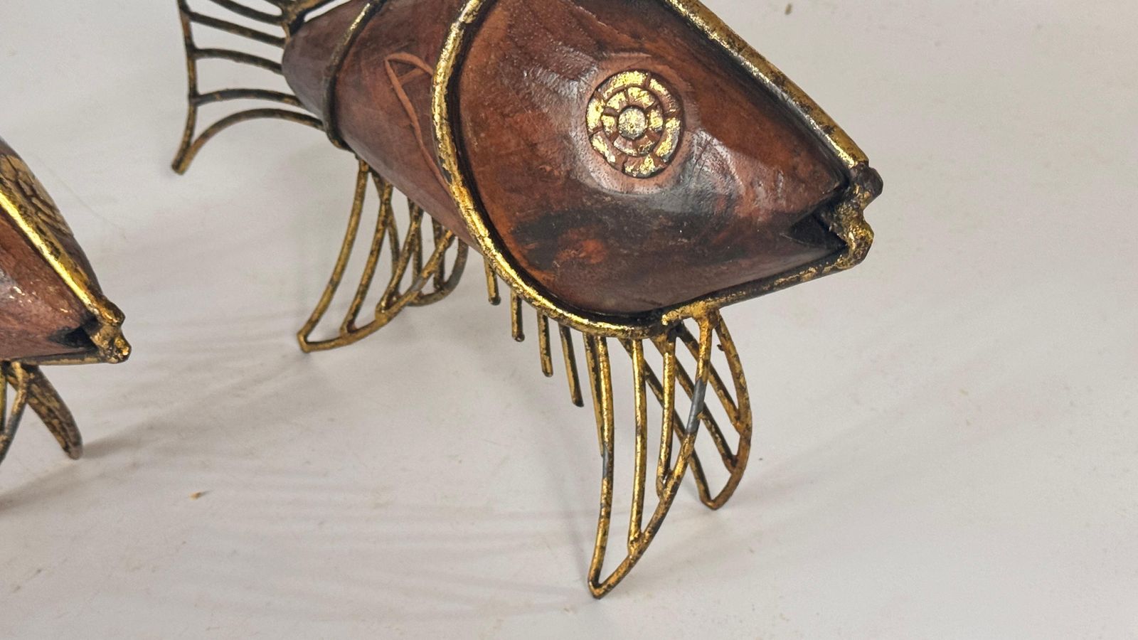 Pair Of 1970s French Fish Sculptures – Wood And Gilded Metal Mid Century Decor photo buy