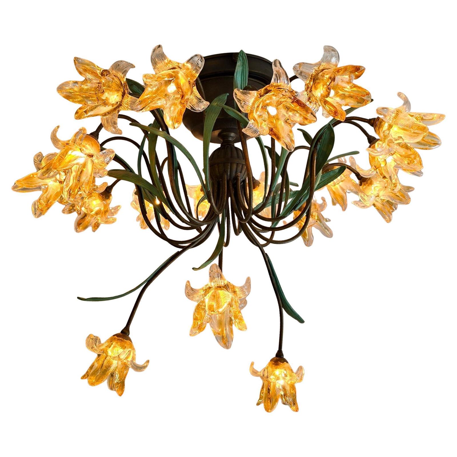 Italian Murano Style Semi Flush Mount Chandelier With 19 Glass Flowers