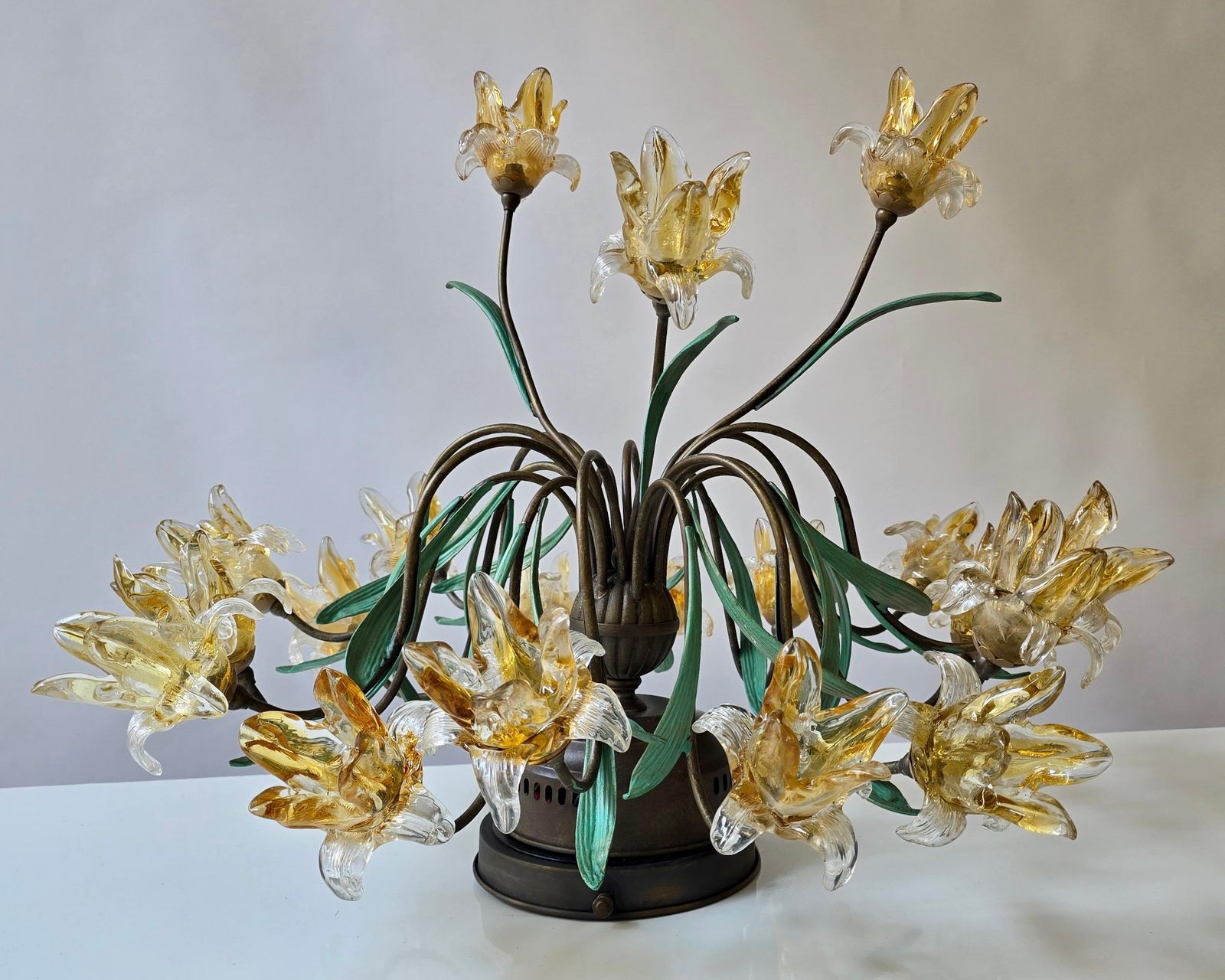 photo vinterior Italian Murano Style Semi Flush Mount Chandelier With 19 Glass Flowers