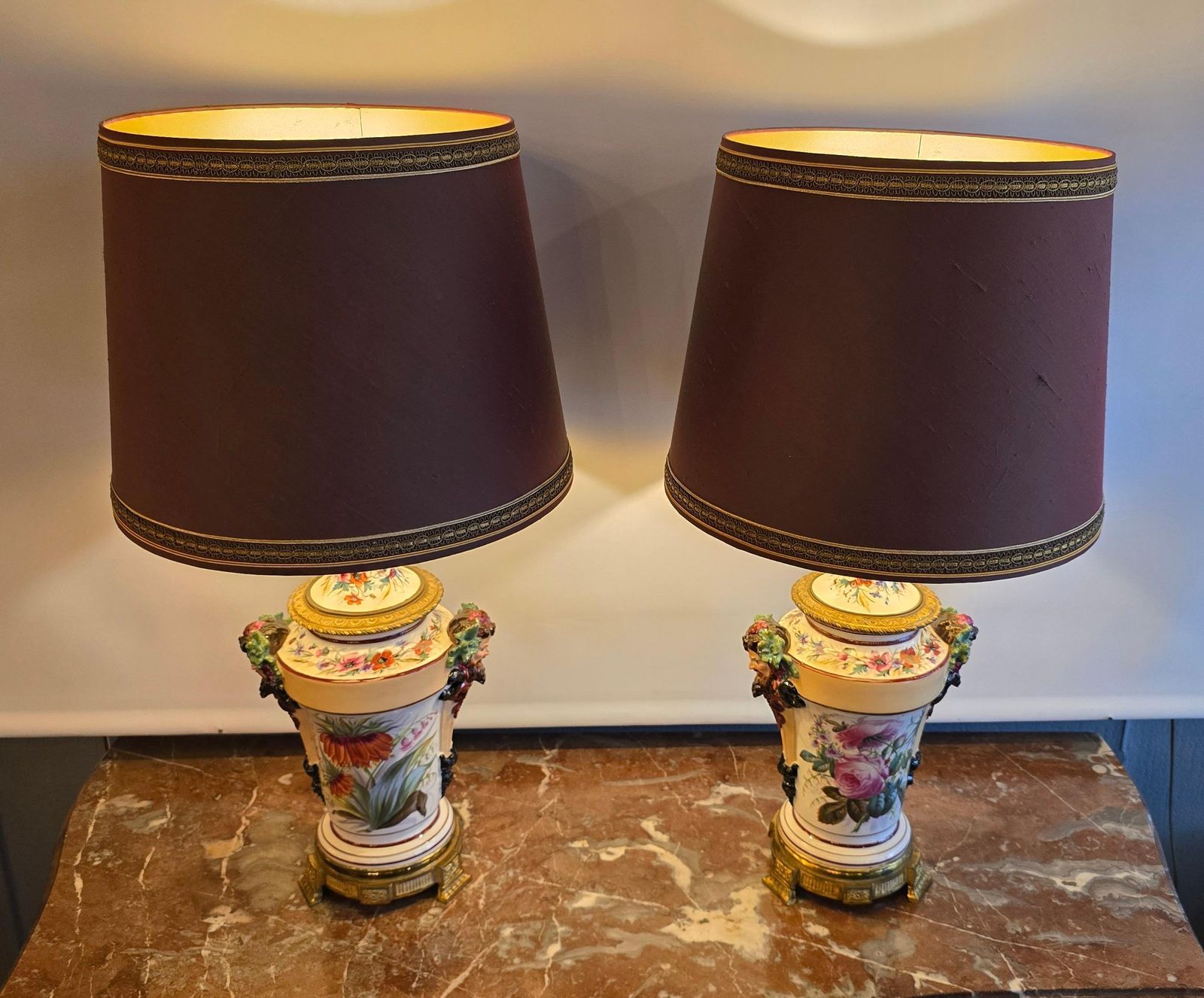 Porcelain Oil Lamps Converted To Table Lamps With Bacchus Masks, Circa 1870 photo for sale