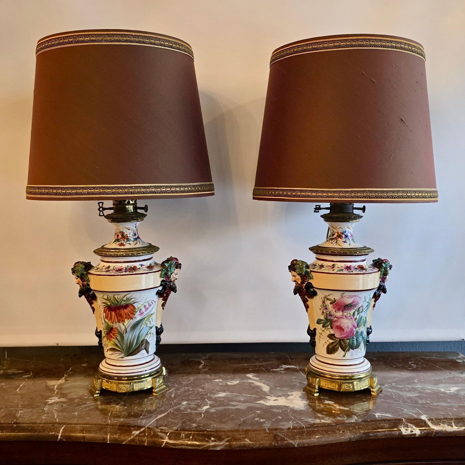 Porcelain Oil Lamps Converted To Table Lamps With Bacchus Masks, Circa 1870 photo vinterior