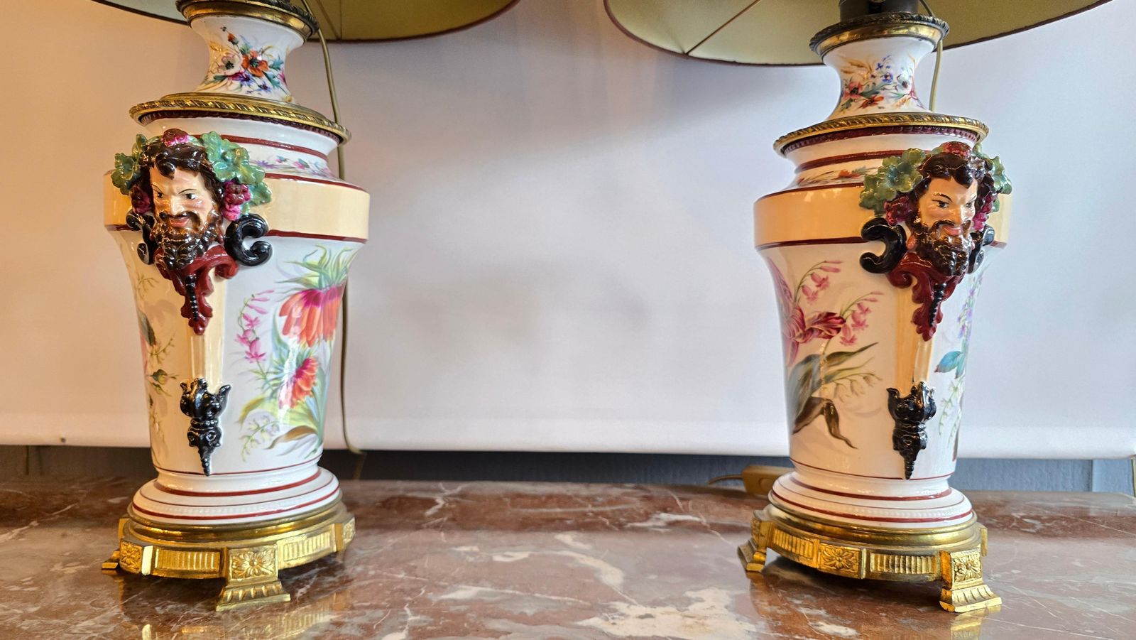 photo vinterior Porcelain Oil Lamps Converted To Table Lamps With Bacchus Masks, Circa 1870