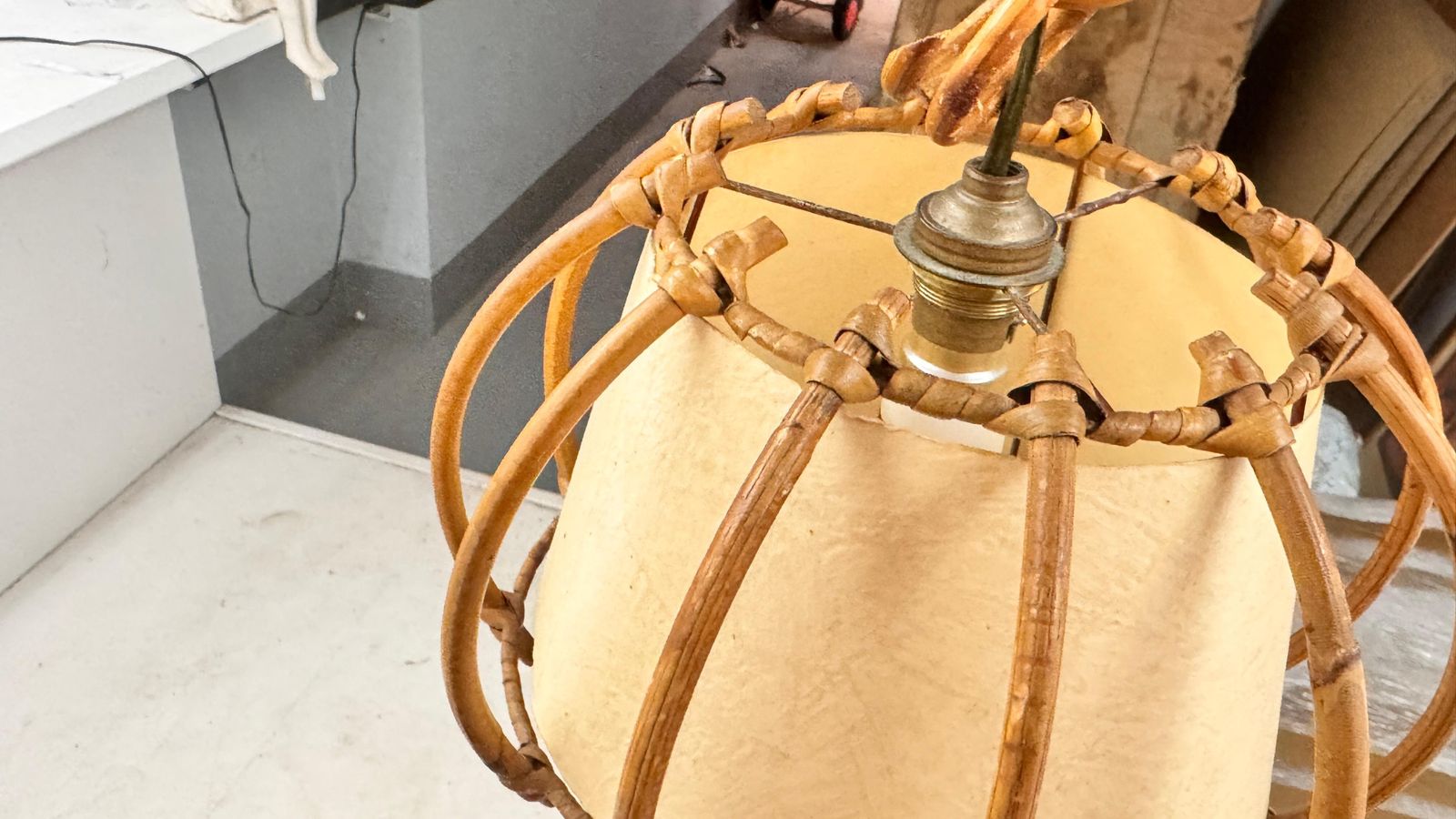 photo for sale 1960s French Wicker & Paper Pendant Light – Sculptural Southern Design