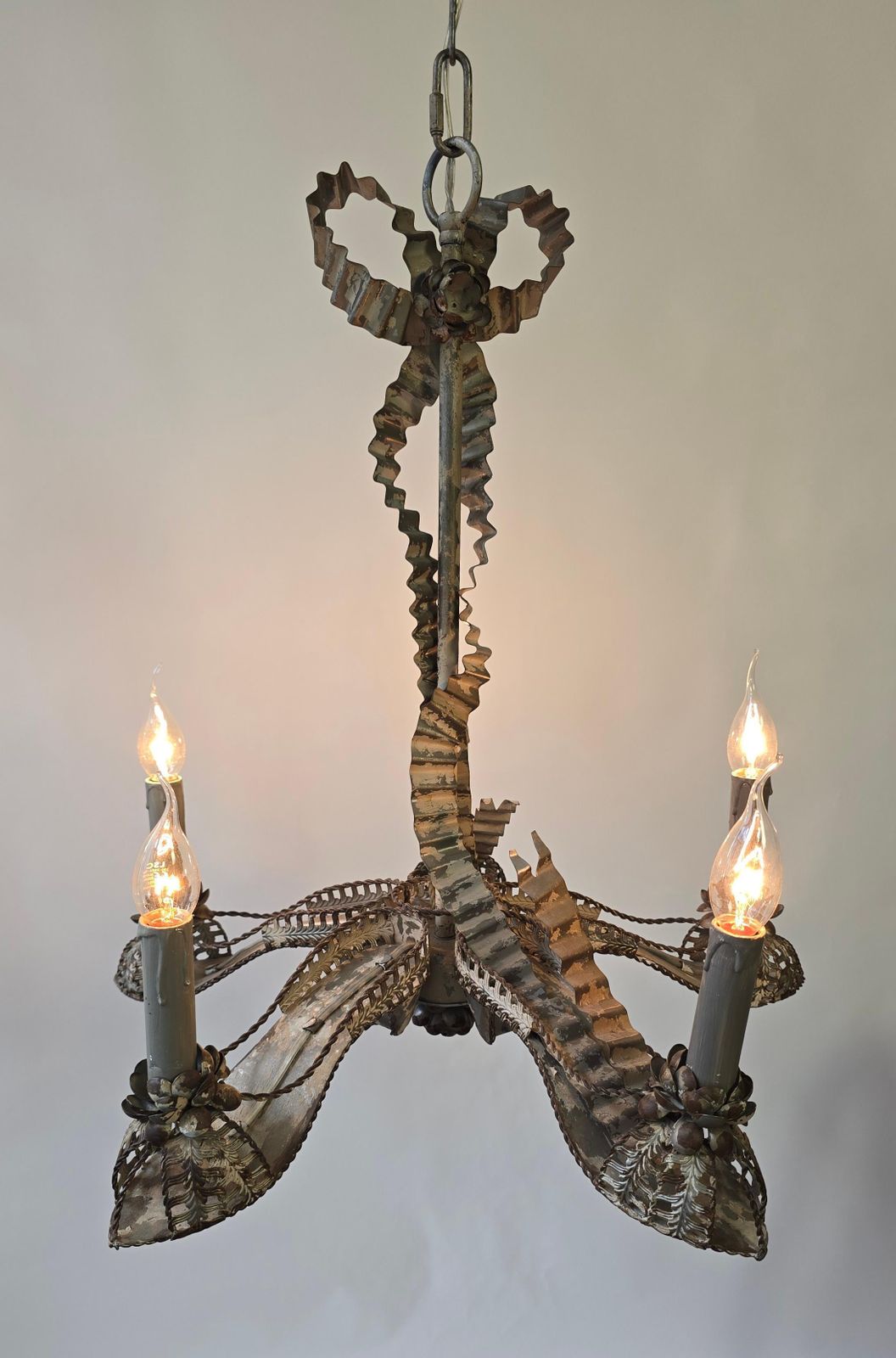 Rare Surrealist “High Heel Shoe” Tôle Chandelier, 5 Light, France, Ca. 1950s photo Lighting