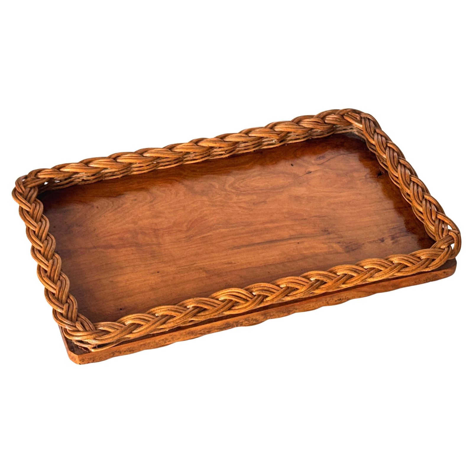 Olive Wood And Woven Reed Serving Tray – France, 1970s