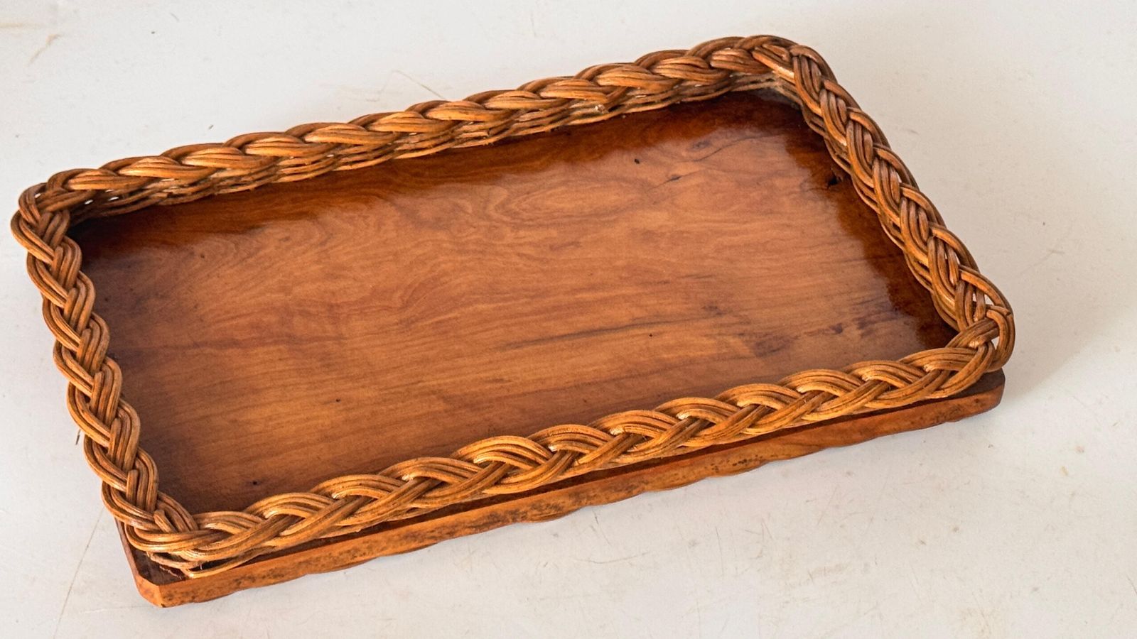 Olive Wood And Woven Reed Serving Tray – France, 1970s photo for sale