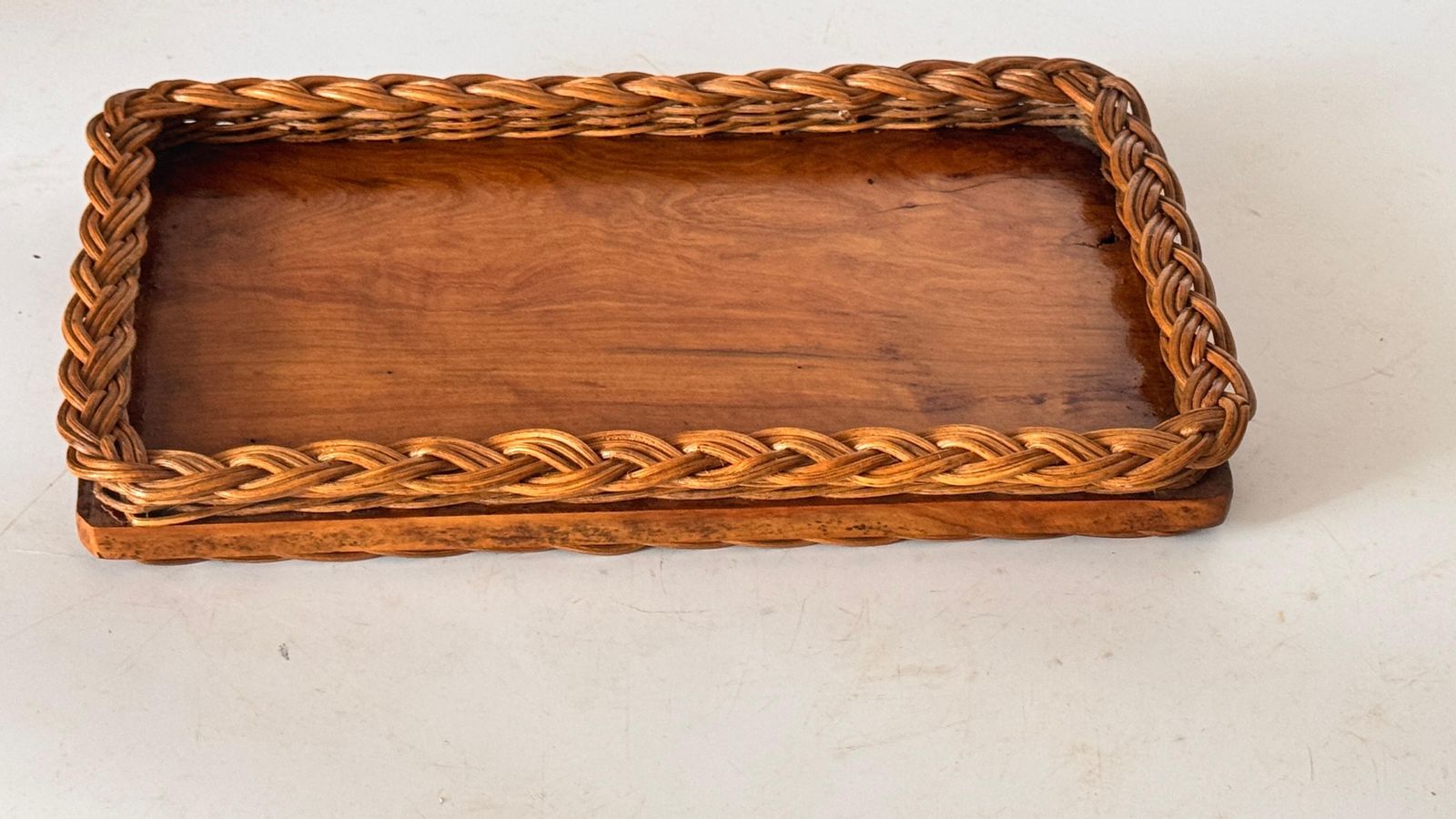 Olive Wood And Woven Reed Serving Tray – France, 1970s photo 478.0