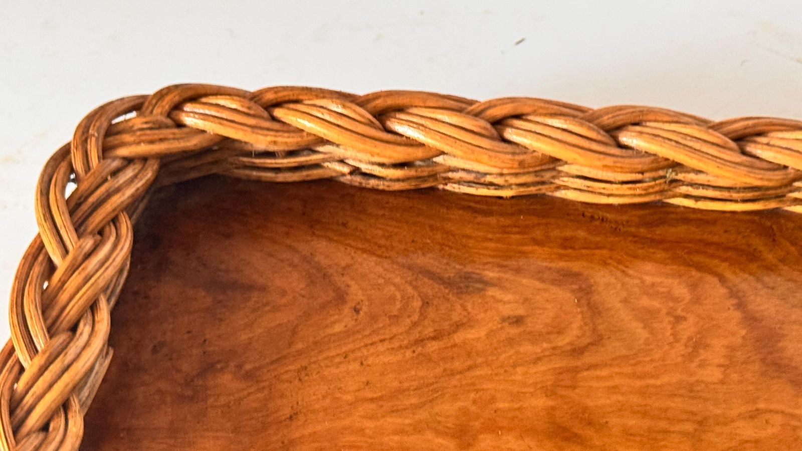 photo furniture Olive Wood And Woven Reed Serving Tray – France, 1970s