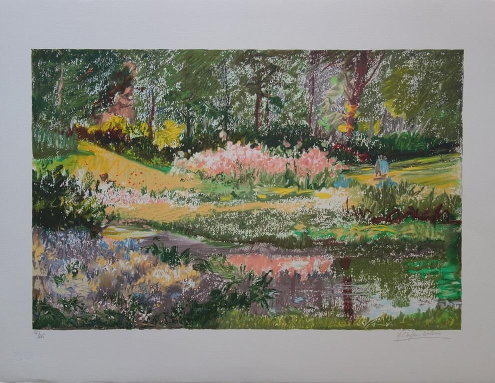 Yvonne Cheffer Delouispink Irises Near The Lake   Original Handsigned Lithograph