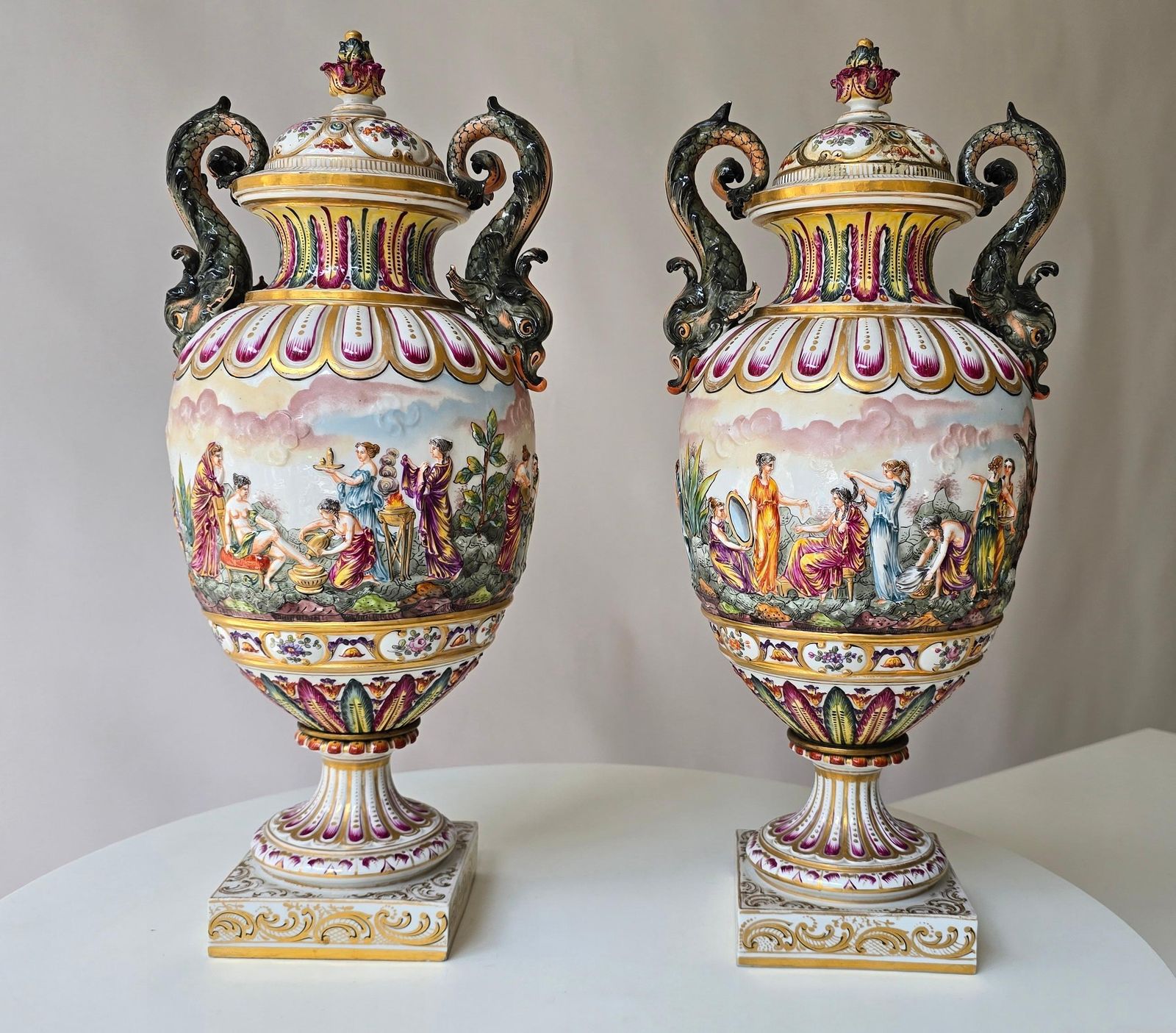 Pair Of 19th Century Capodimonte Porcelain Urns Vazes With Mythological Reliefs photo 2468.0