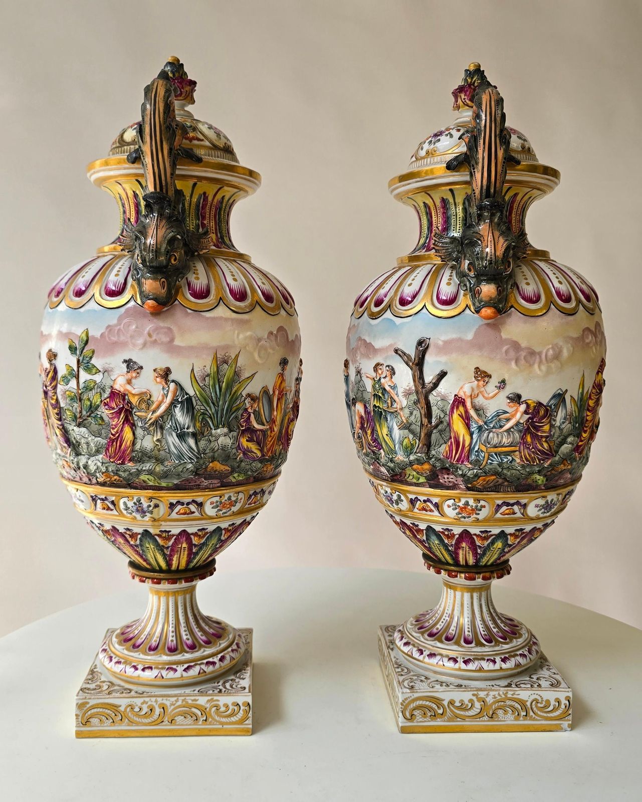 Pair Of 19th Century Capodimonte Porcelain Urns Vazes With Mythological Reliefs photo vinterior