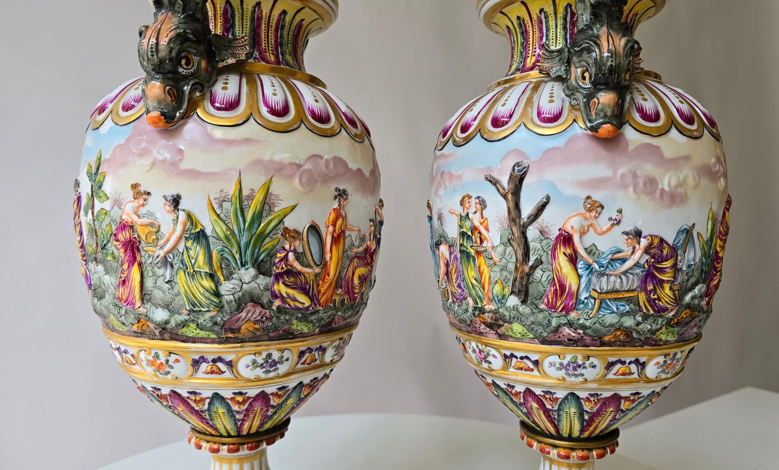 Pair Of 19th Century Capodimonte Porcelain Urns Vazes With Mythological Reliefs photo vintage