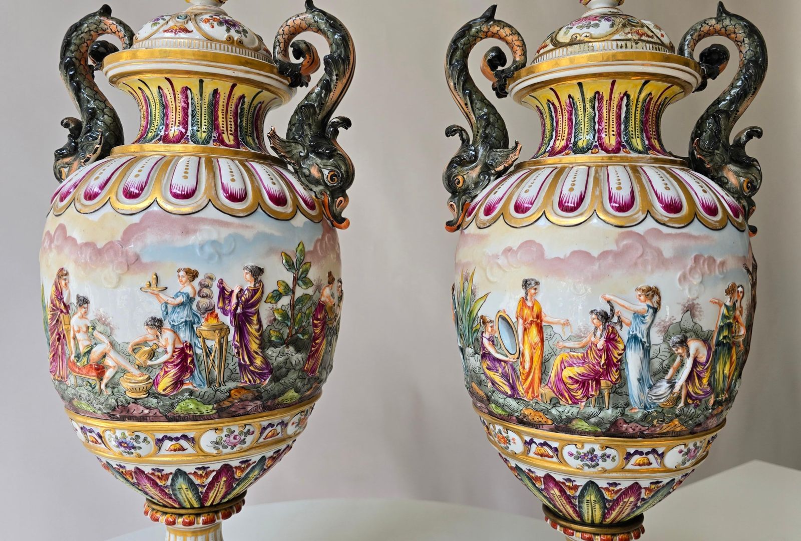photo for sale Pair Of 19th Century Capodimonte Porcelain Urns Vazes With Mythological Reliefs