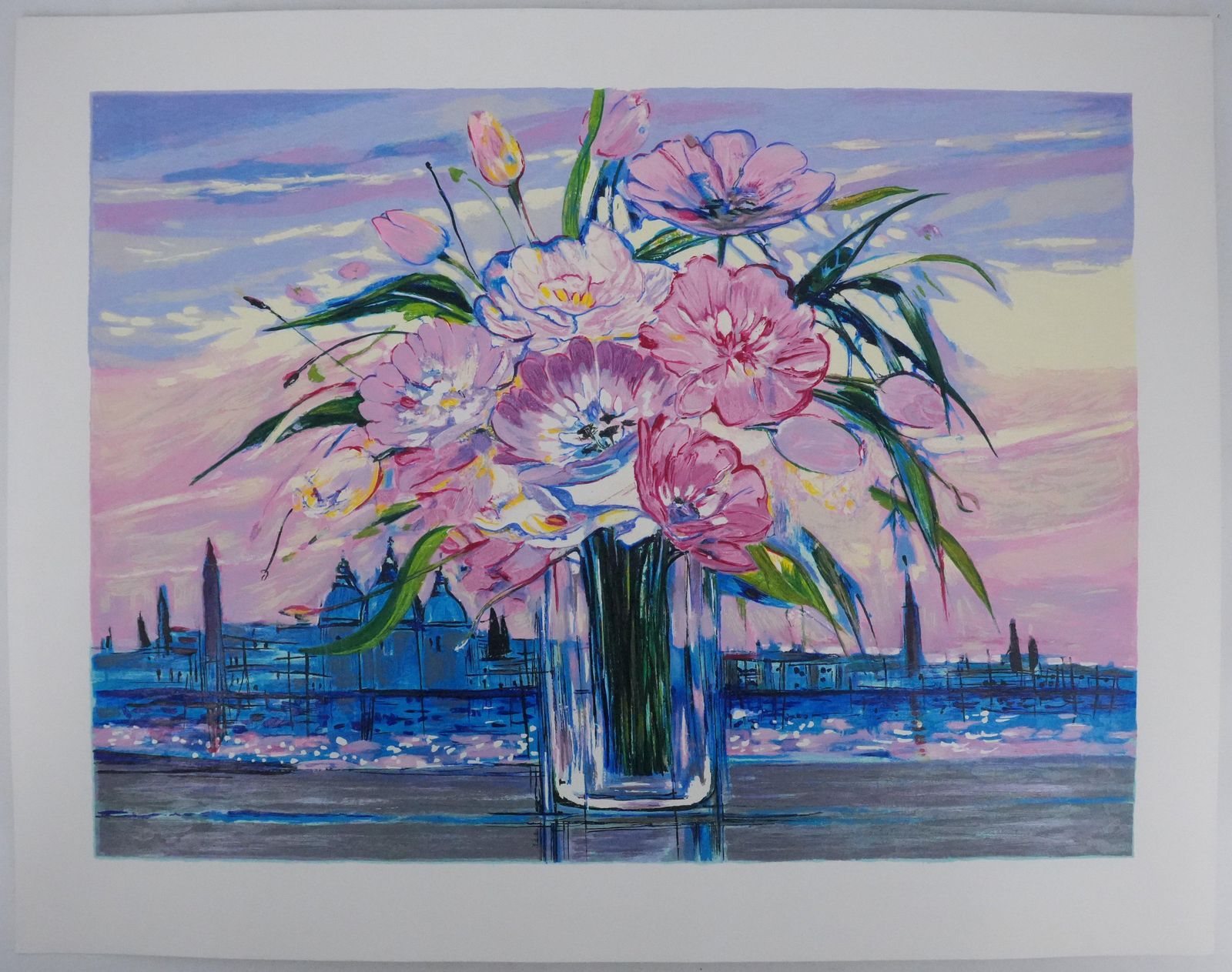Michel Henrybouquet Of Flowers Under A Pink Sky   Original Screenprint