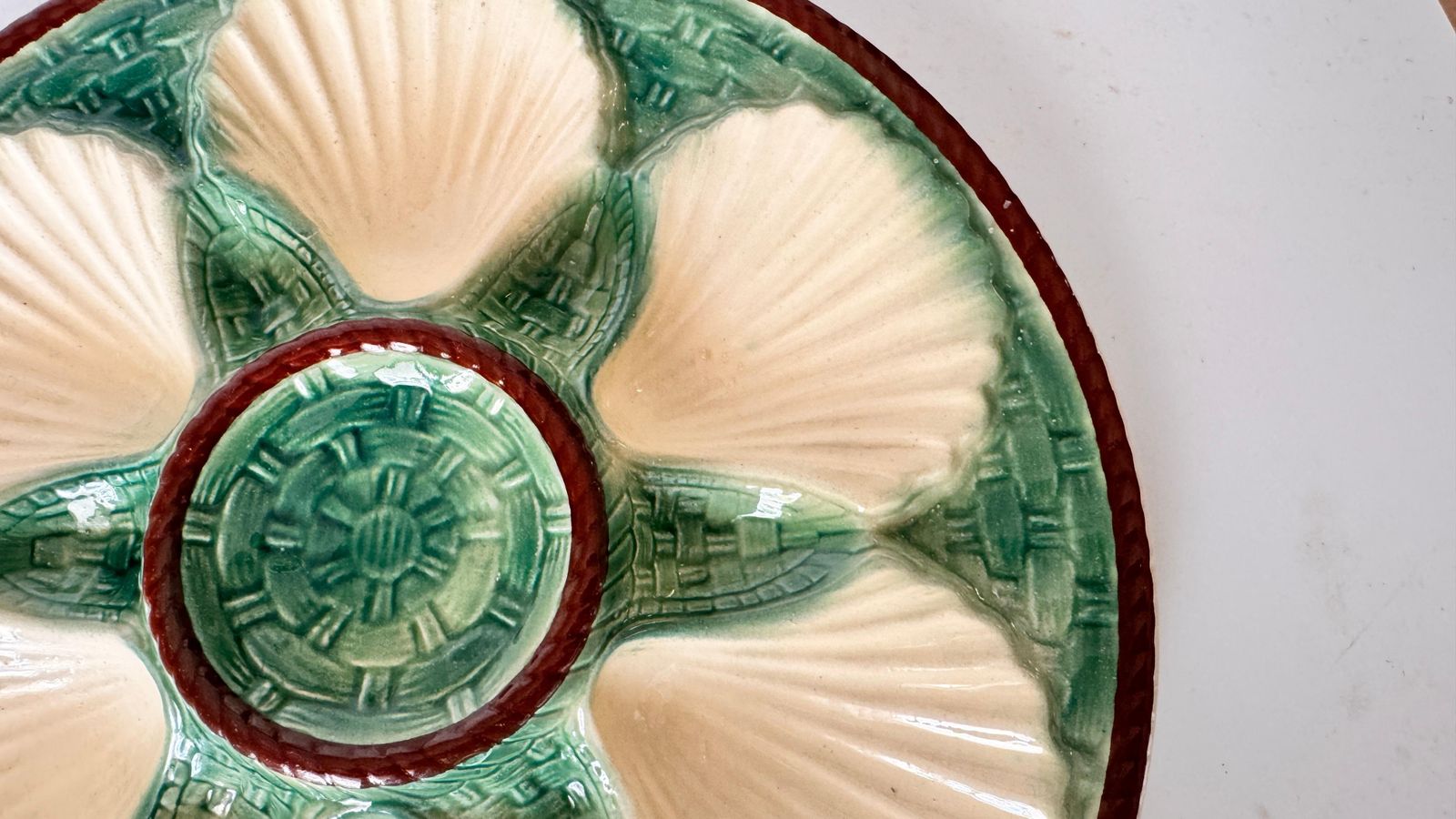 Set Of 4 Oyster Plates – Majolica, 19th Century – Green, White & Brown Glaze photo buy