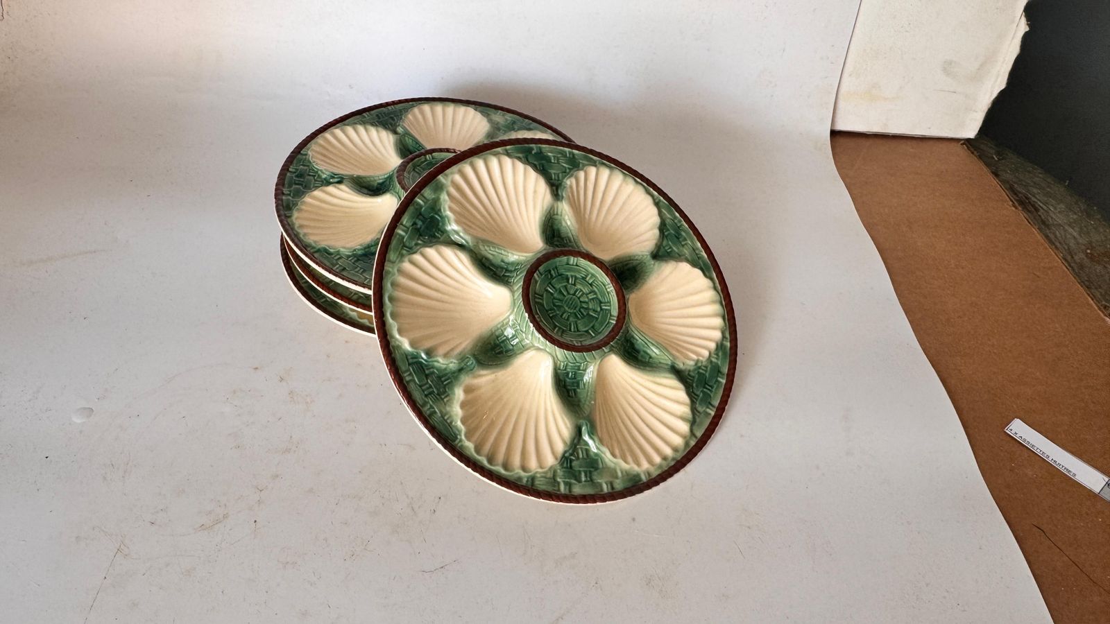 Home Decor Set Of 4 Oyster Plates – Majolica, 19th Century – Green, White & Brown Glaze photo