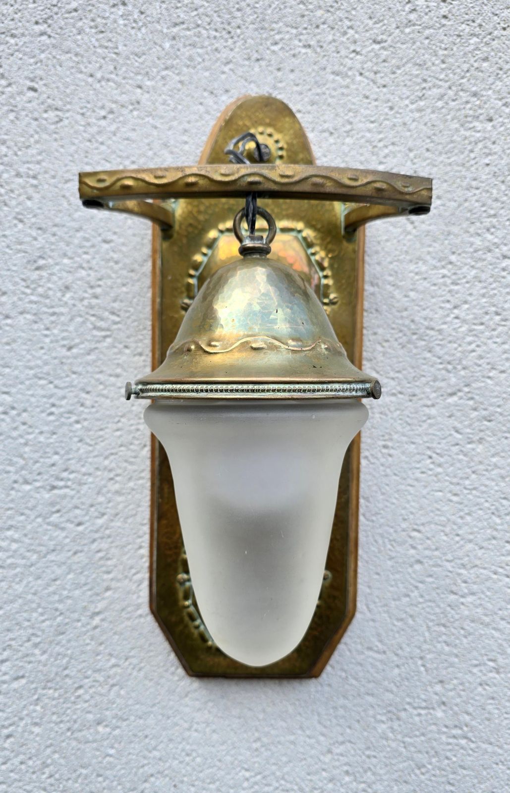 Arts & Crafts Hammered Brass And Frosted Glass Wall Sconce, England/France photo furniture