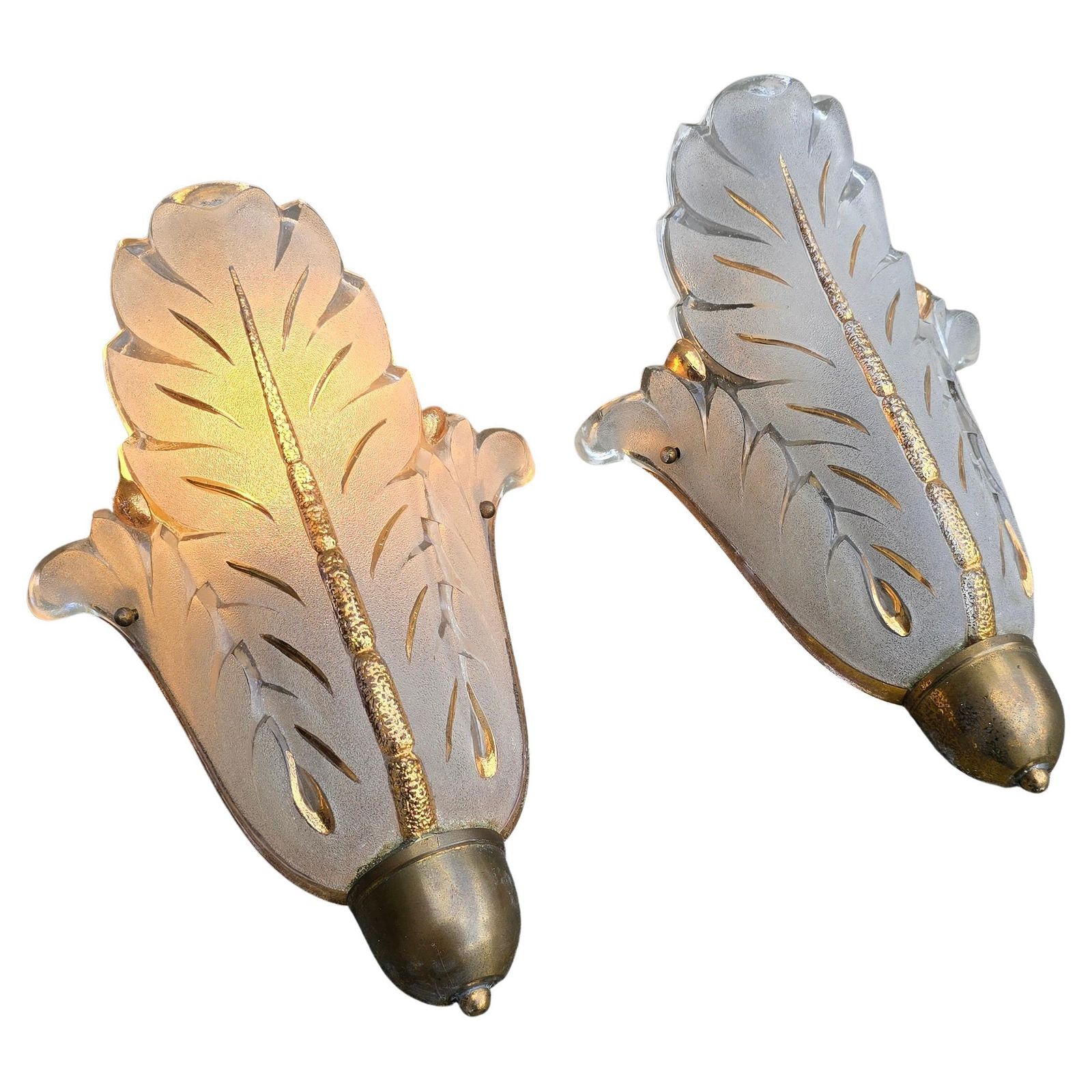 Pair Of Murano Glass Wall Sconces, Leaf Design With Gold Details, Italy, 1950s photo vinterior