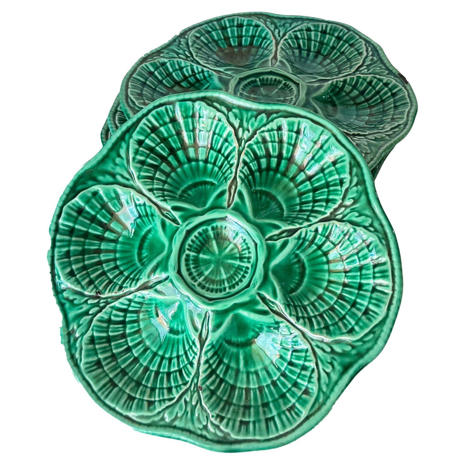 Set Of 4 French Green Majolica Plates – Sarreguemines Manufacture – 20th Century