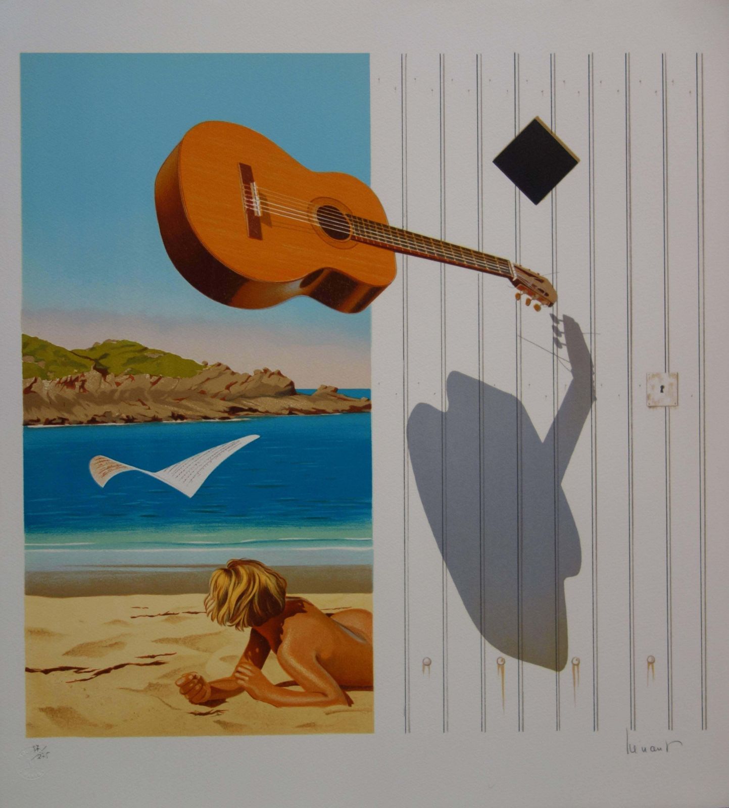 Jean Pierre Henautsurrealist Beach & Guitar   Original Handsigned Lithograph