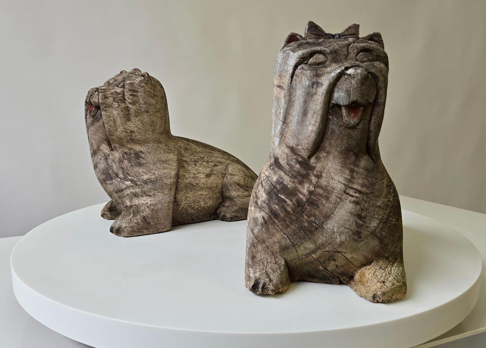 Pair Of Antique Folk Art Carved Wooden Maltese Dog Sculptures photo for sale