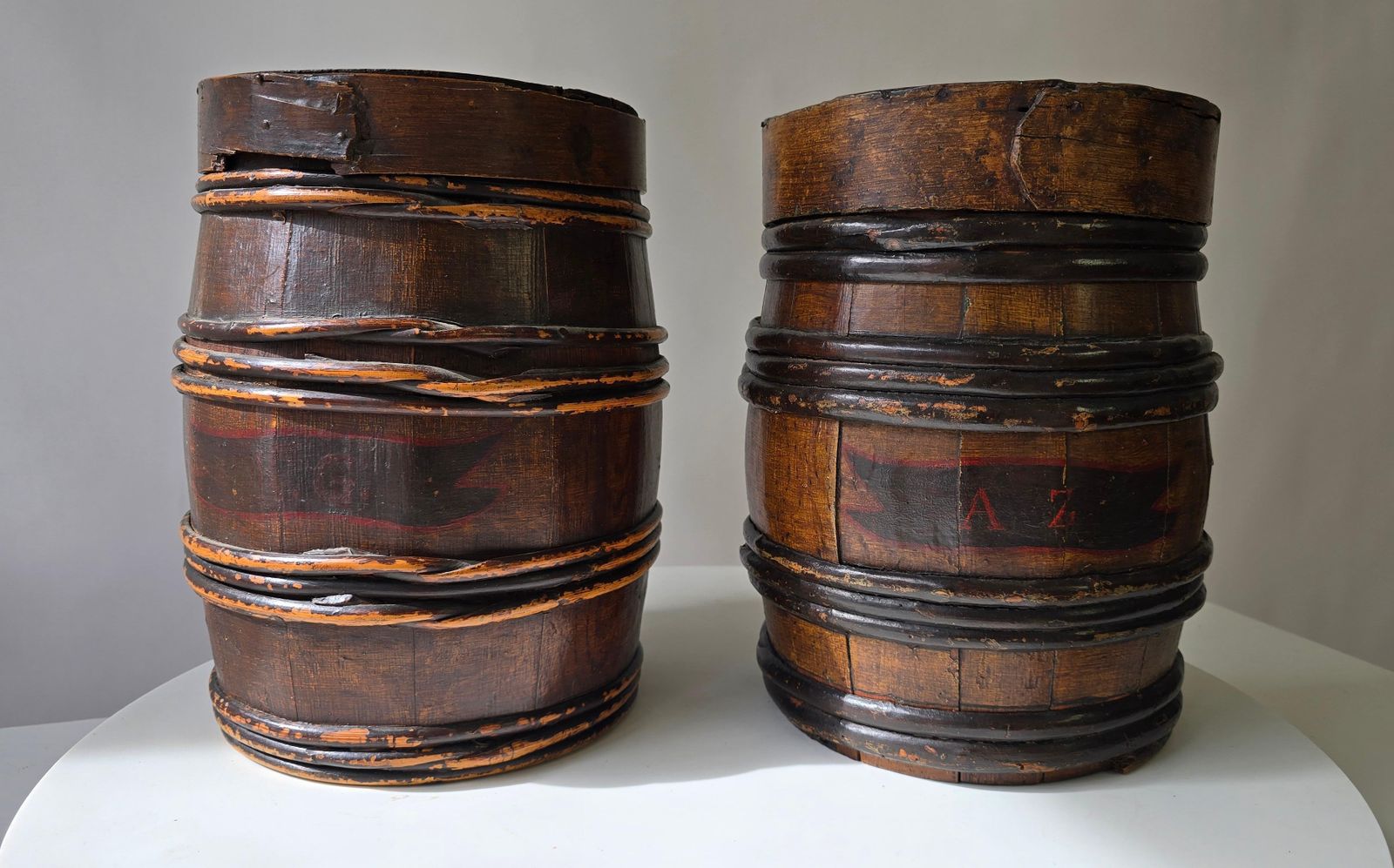 photo for sale Set Of Three Antique Dutch/Flemish Herring Barrels With Original Inscriptions