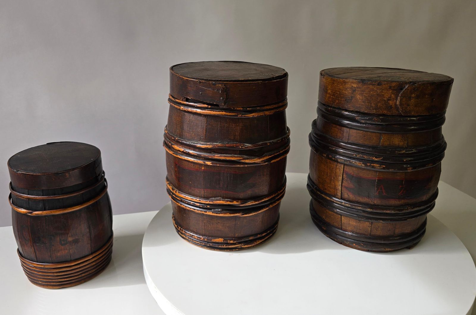 2828.0 Set Of Three Antique Dutch/Flemish Herring Barrels With Original Inscriptions photo