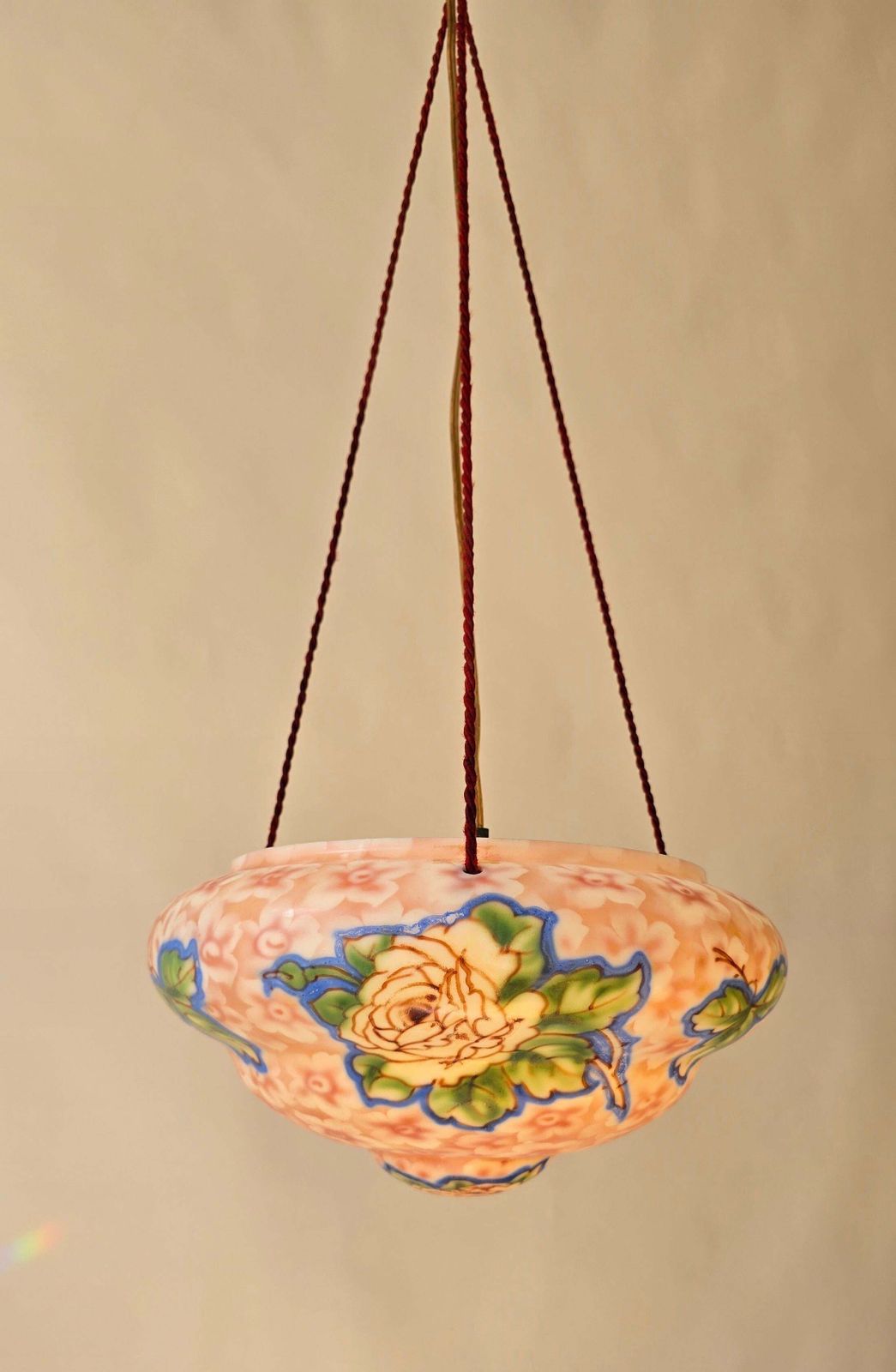 Art Deco Floral Glass Pendant Light, Hand Painted Thin Pressed Glass Shade, 1920 photo for sale