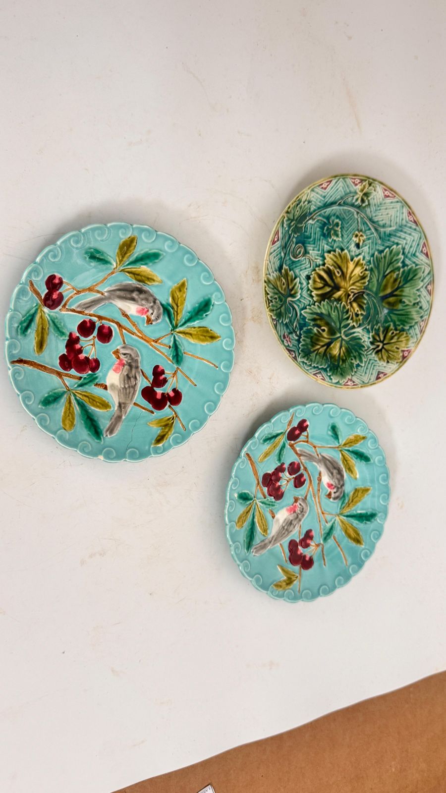 Set Of Three 19th Century French Majolica Plates – Birds, Vegetation & Fruits photo for sale