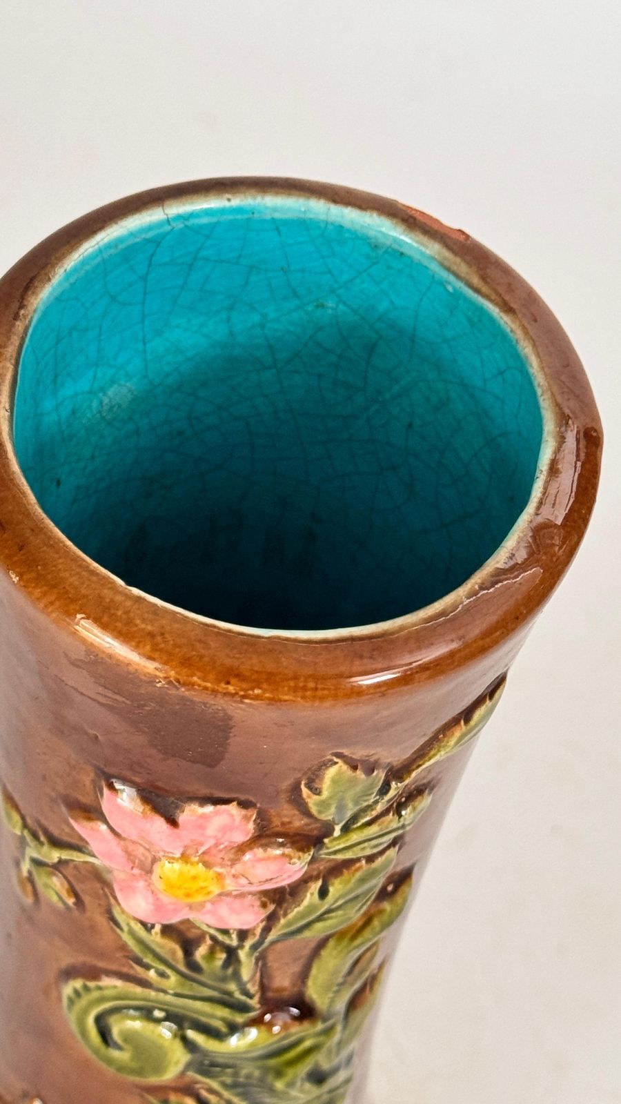 19th Century Majolica Vase With Floral And Foliage Motifs photo vintage