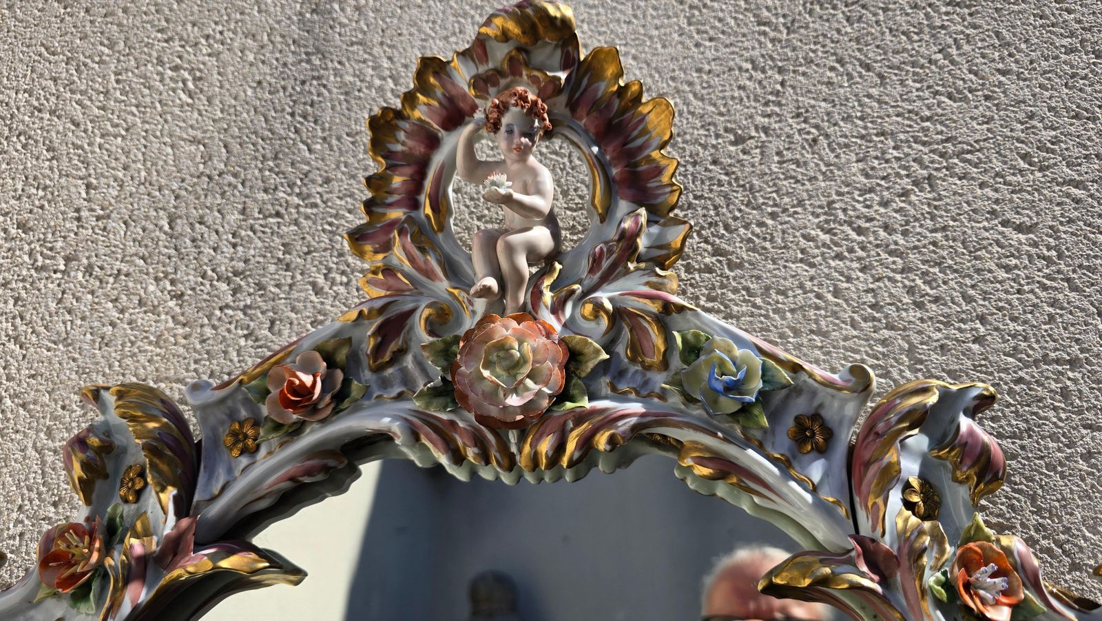 Large Italian Capodimonte Porcelain Hollywood Regency Mirror With Cherubs photo buy